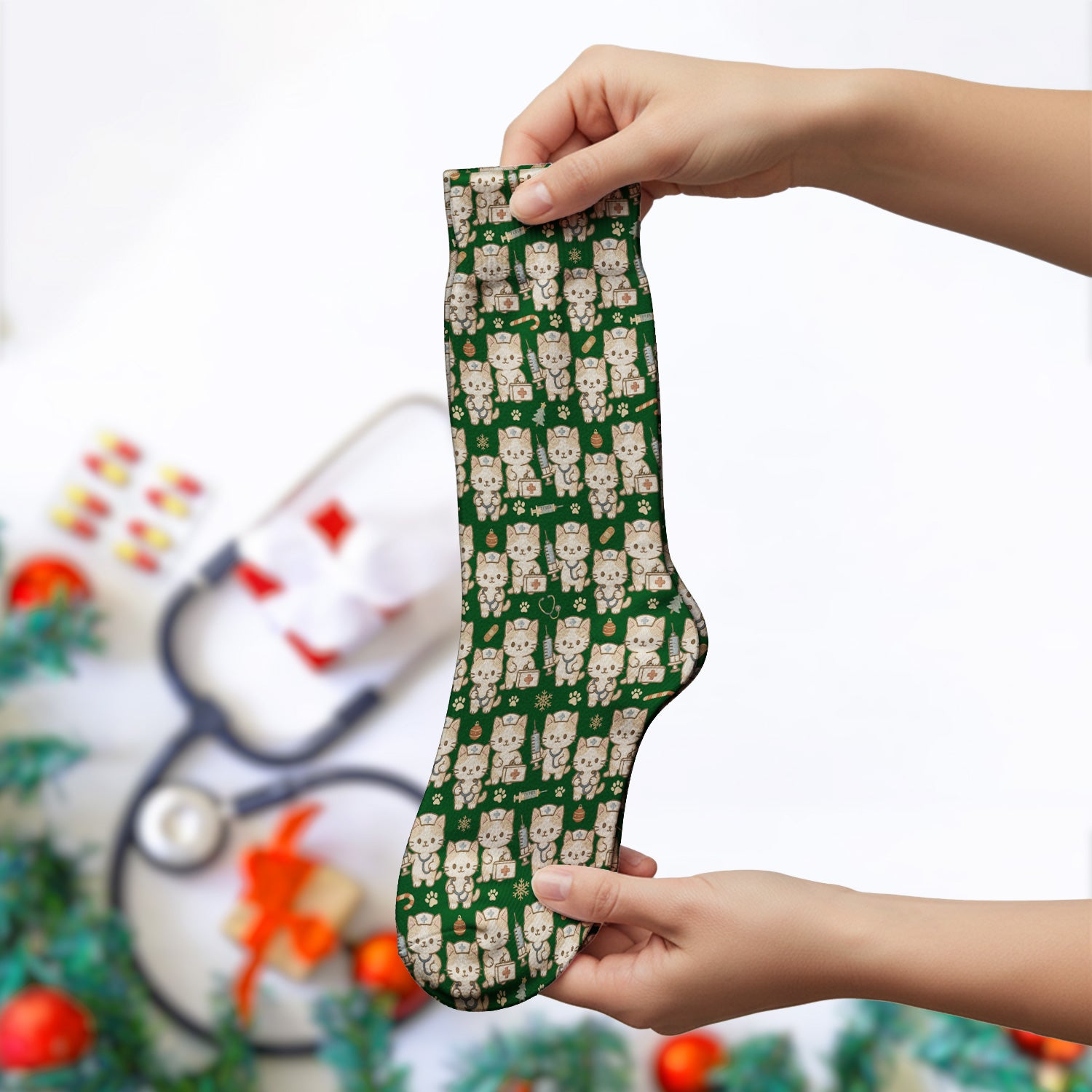 Cute Cat Nurse Christmas Scrub Socks, Kawaii Kitty Medical Pattern Sock, Breathable Fabrics Nursing Uniform
