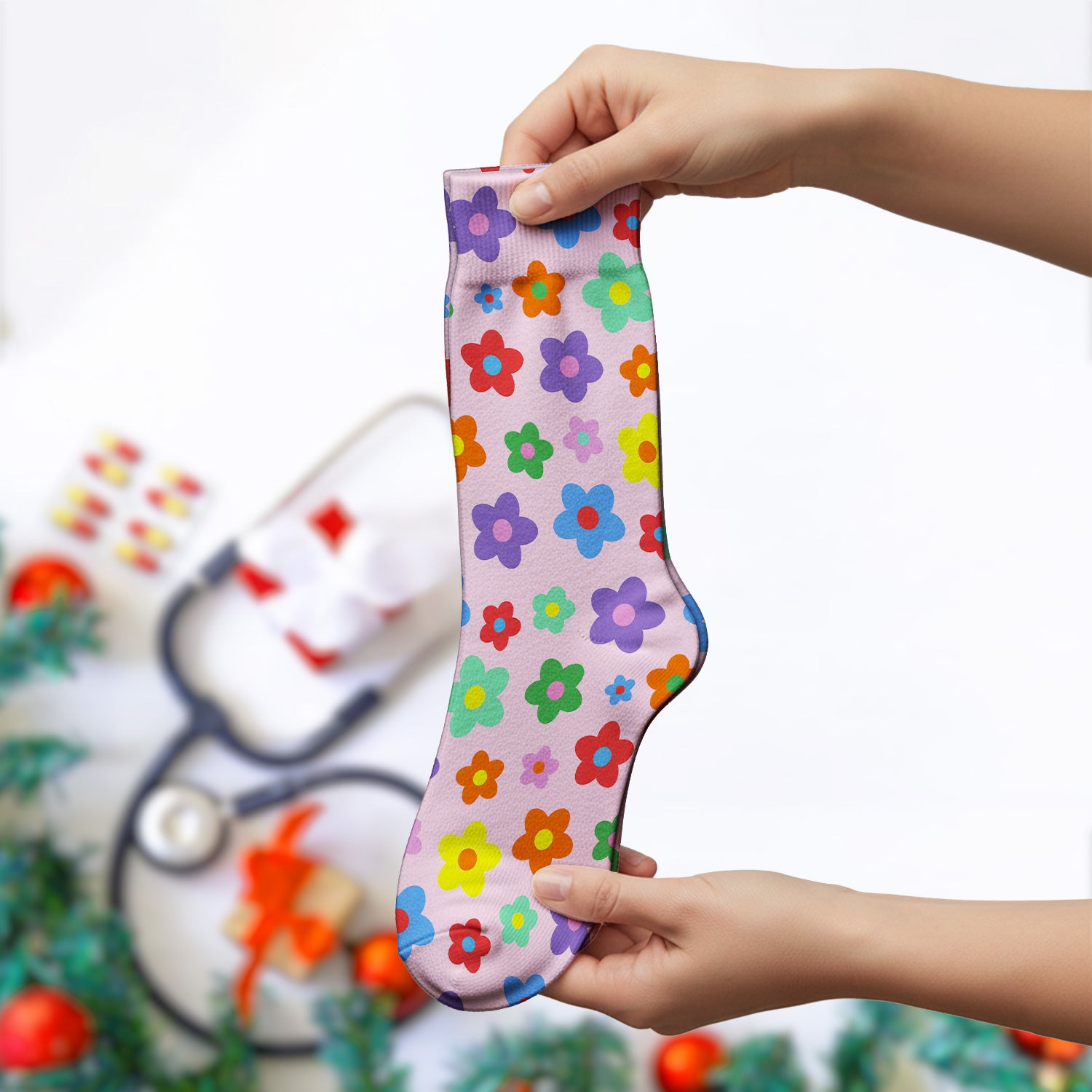 Colorful Retro Flower Pattern Print Socks, Breathable Fabrics Medical Uniform