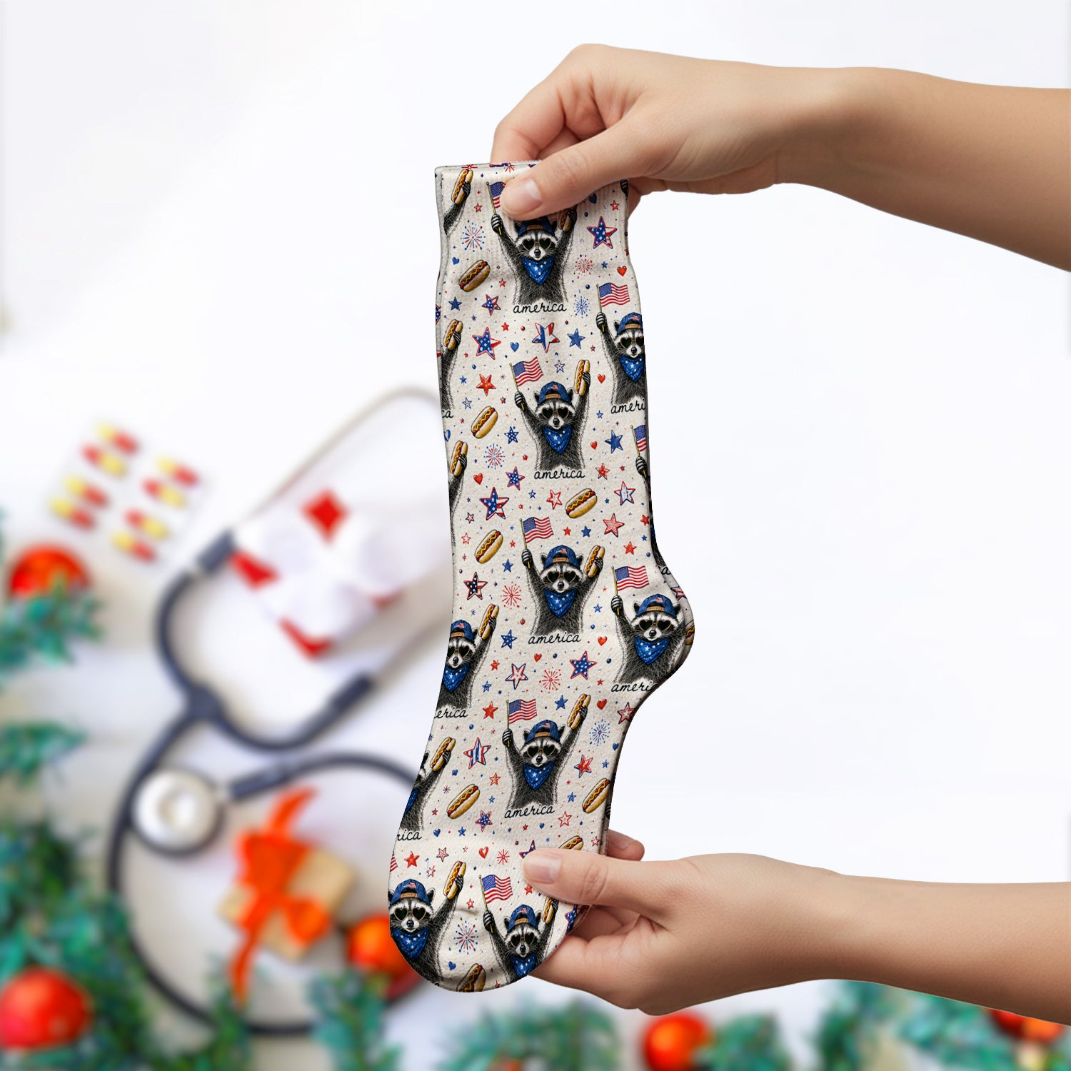 Patriotic Raccoon America Hotdog Pattern Socks, Adult Socks for Men and Women