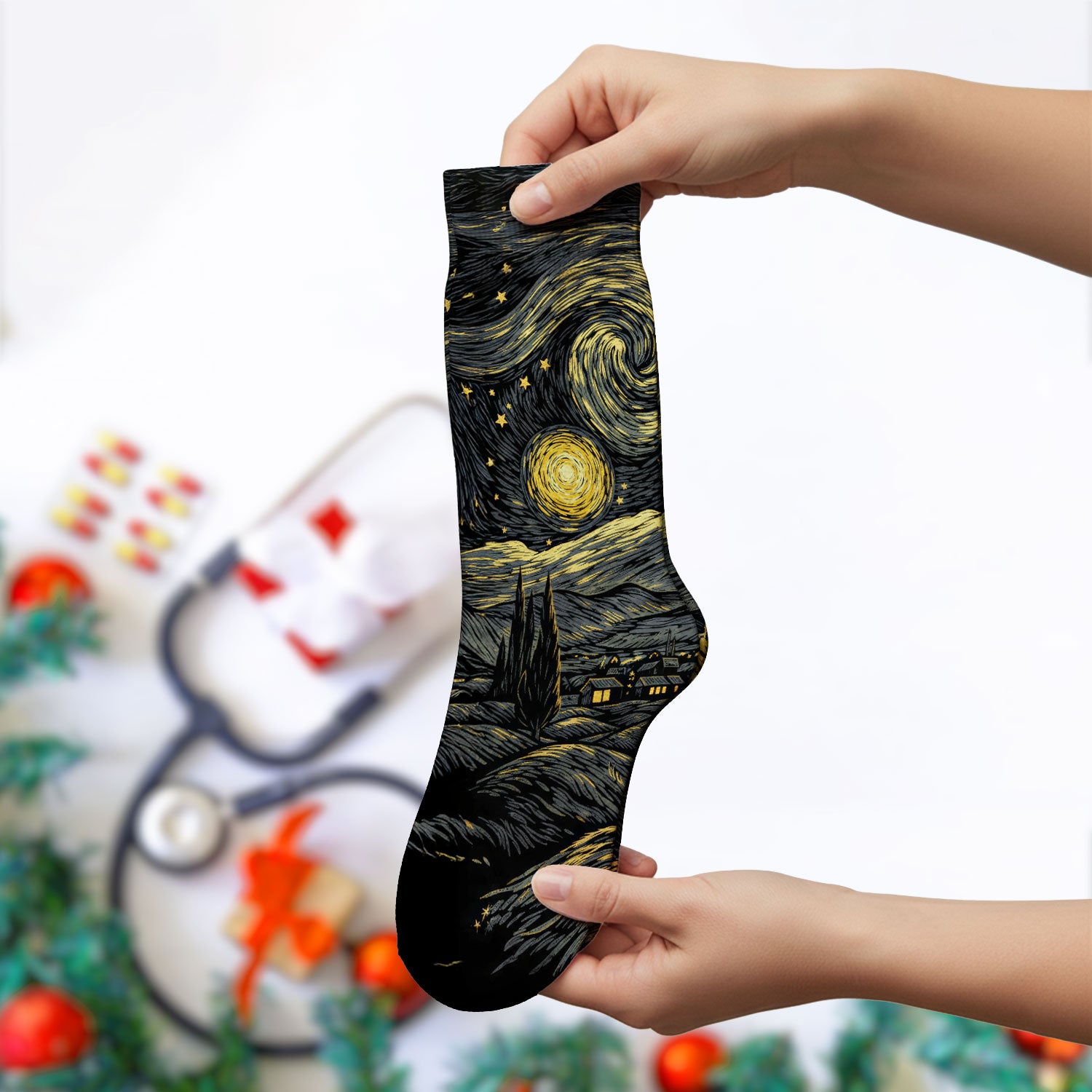Galaxy Night Sky Cat With Flowers Print Socks, Adult Socks for Men and Women