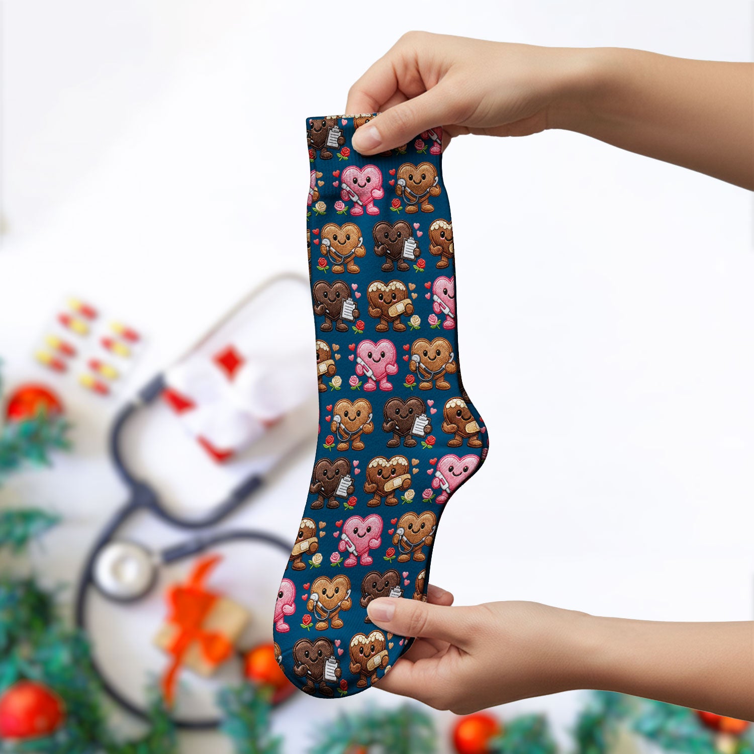 Valentine Heart Nurse Scrub Socks, Cute Medical Love Pattern Sock, Breathable Fabrics Nursing Uniform