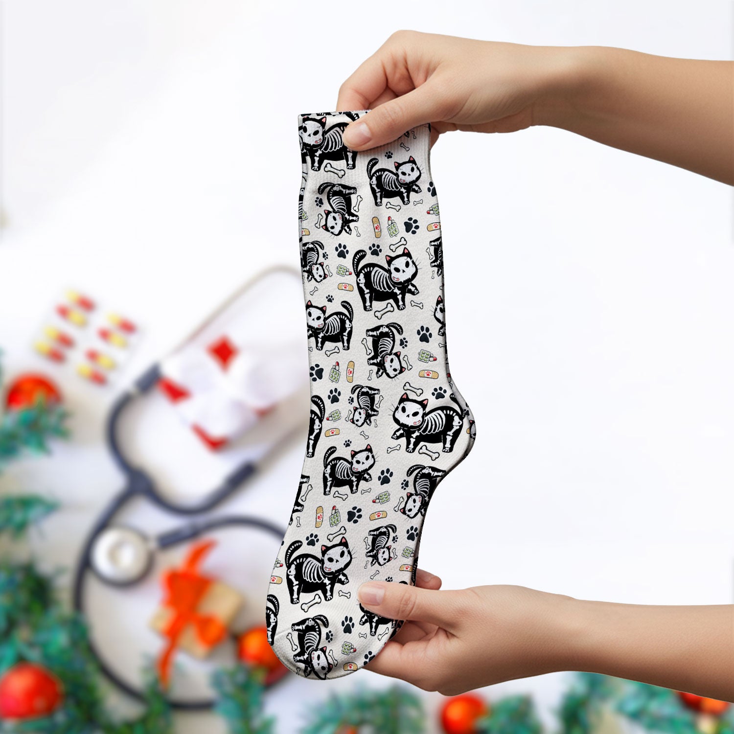 Skeleton Cat Medical Pattern Socks, Breathable Fabrics Medical Uniform