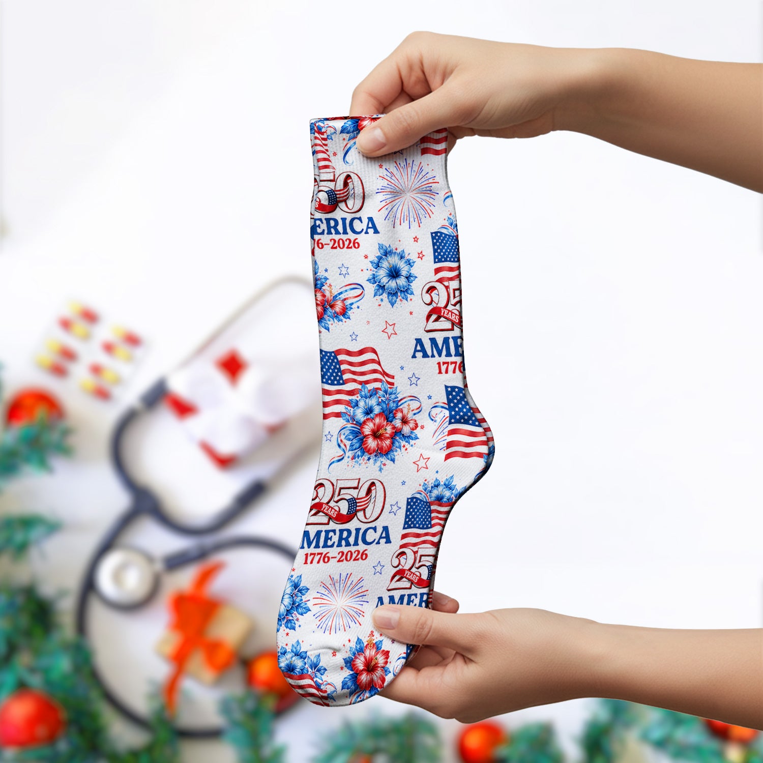 America 250 with Flag Firework Pattern Socks, Adult Socks for Men and Women