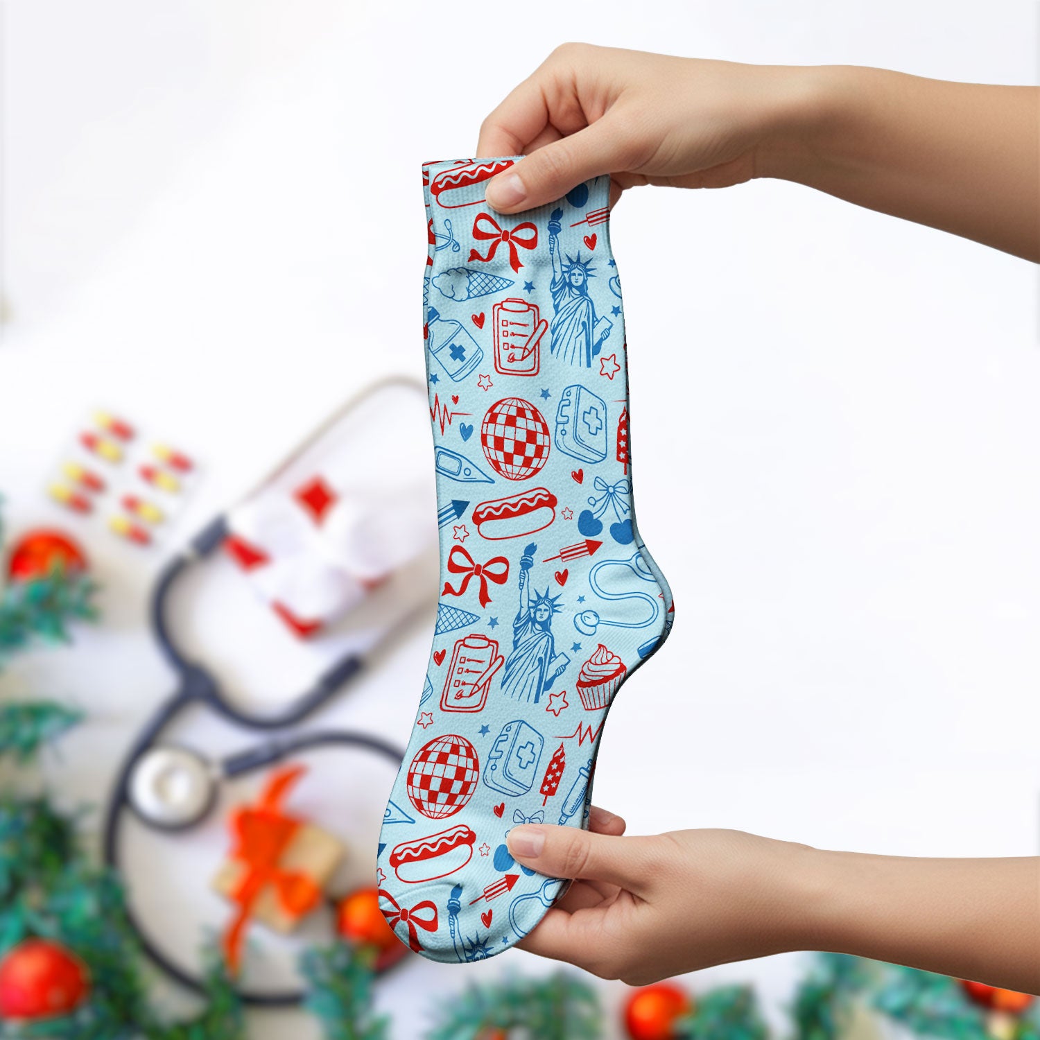 Patriotic Nurse Medical Icons Pattern Print Socks, Adult Socks for Men and Women