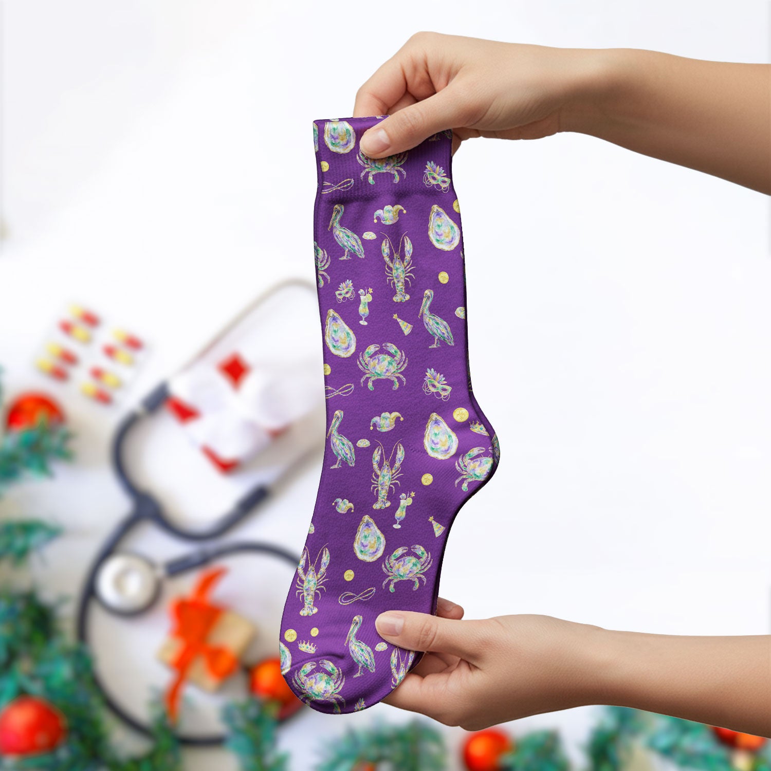 Mardi Gras Seafood Nurse Scrub Socks, Comfortable Uniform Scrubs For Nursing
