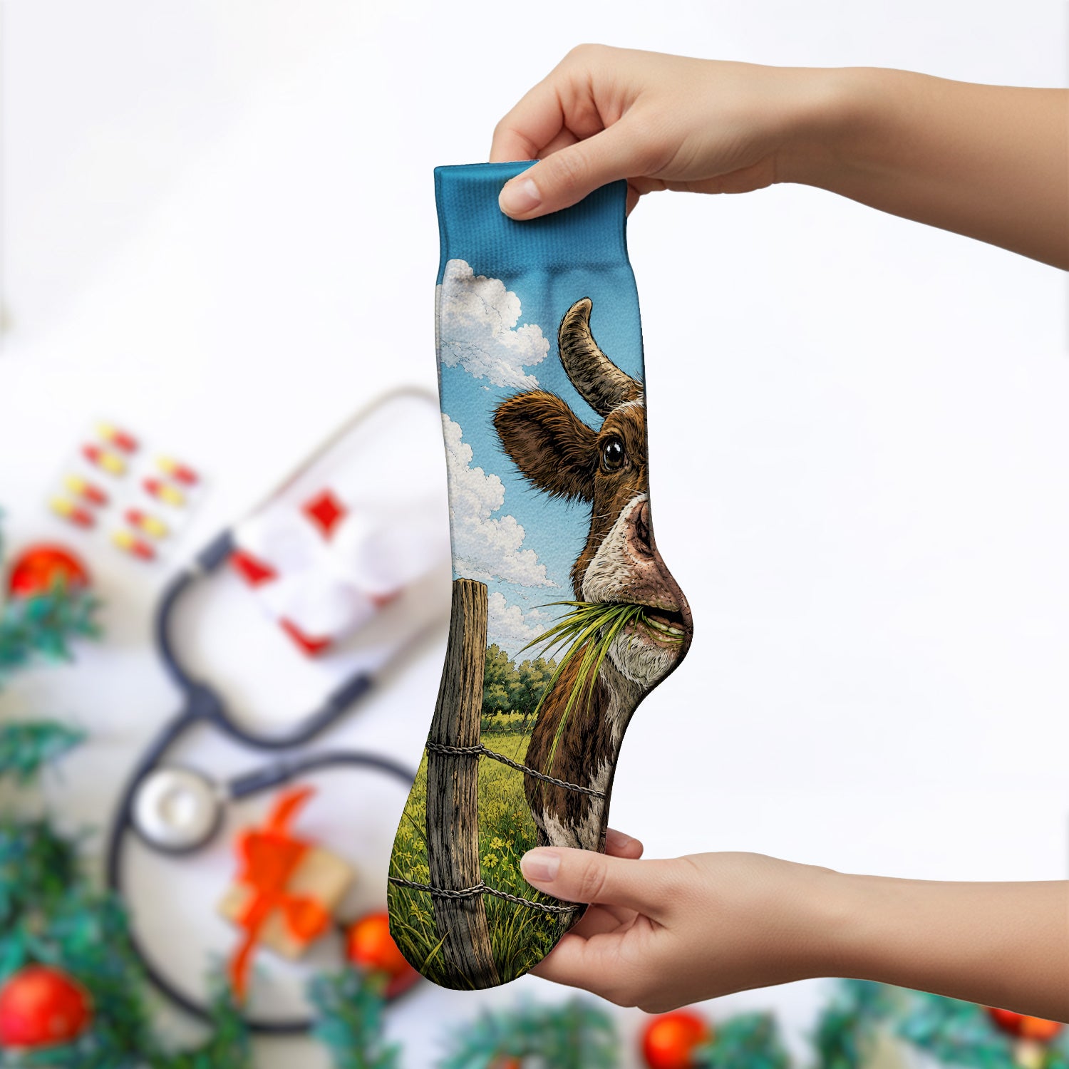 Curious Highland Cow Farm Scene Socks, Adult Socks for Men and Women