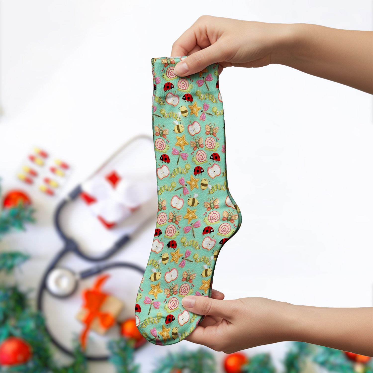 Cute Nurse Snail Ladybug Caterpillar Apple Garden Pattern Socks, Breathable Fabrics Medical Uniform