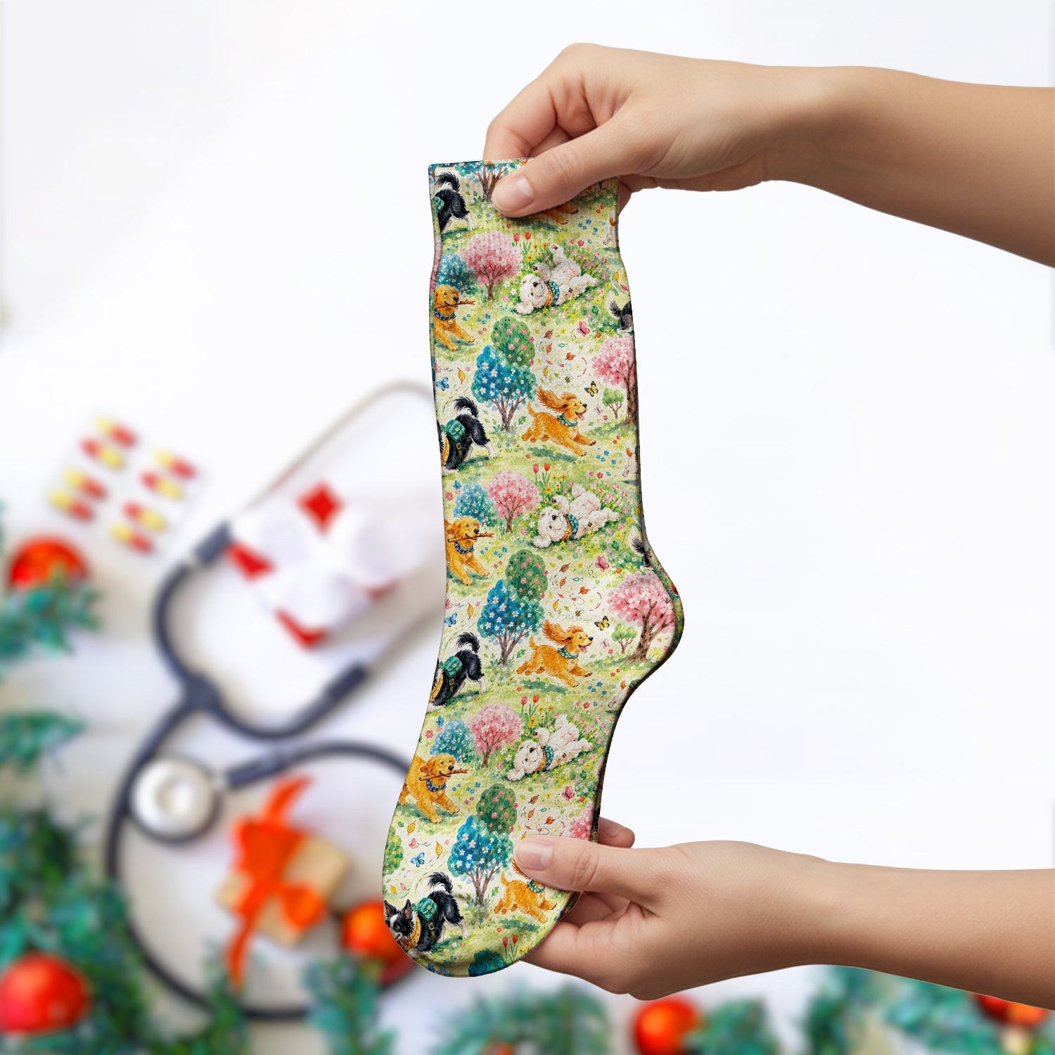 Playful Spring Garden Dogs Pattern Socks, Adult Socks for Men and Women