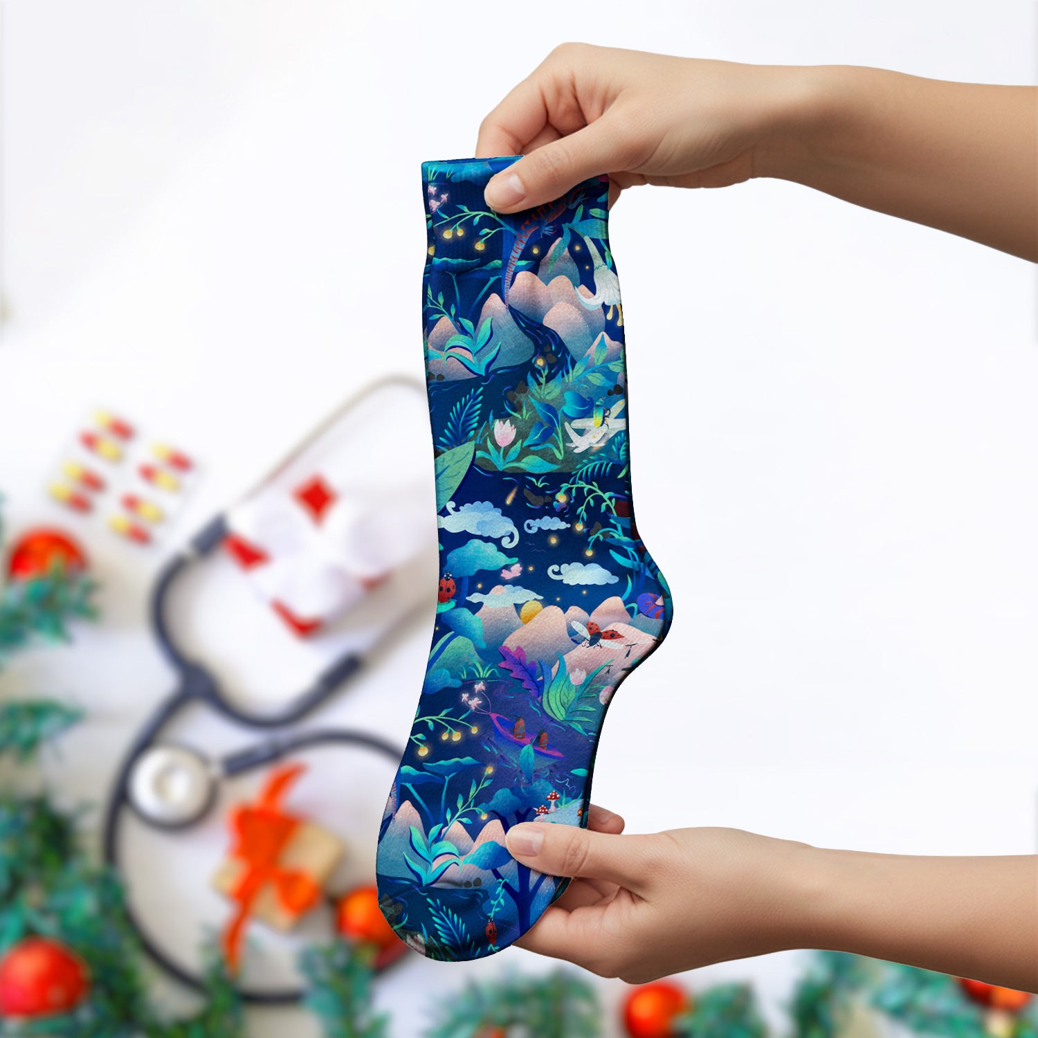 Whimsical Mountain Bug Print Socks, Adult Socks for Men and Women