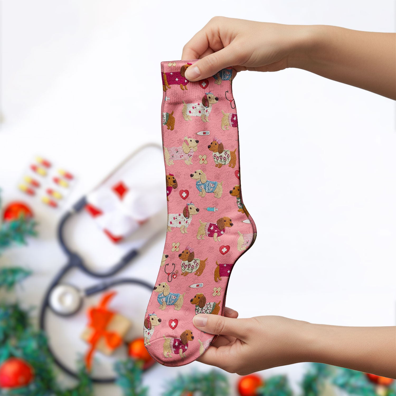 Cute Medical Wiener Dog Pattern Nurse Socks, Dachshund Nursing Scrub Sock, Breathable Fabrics Nursing Uniform