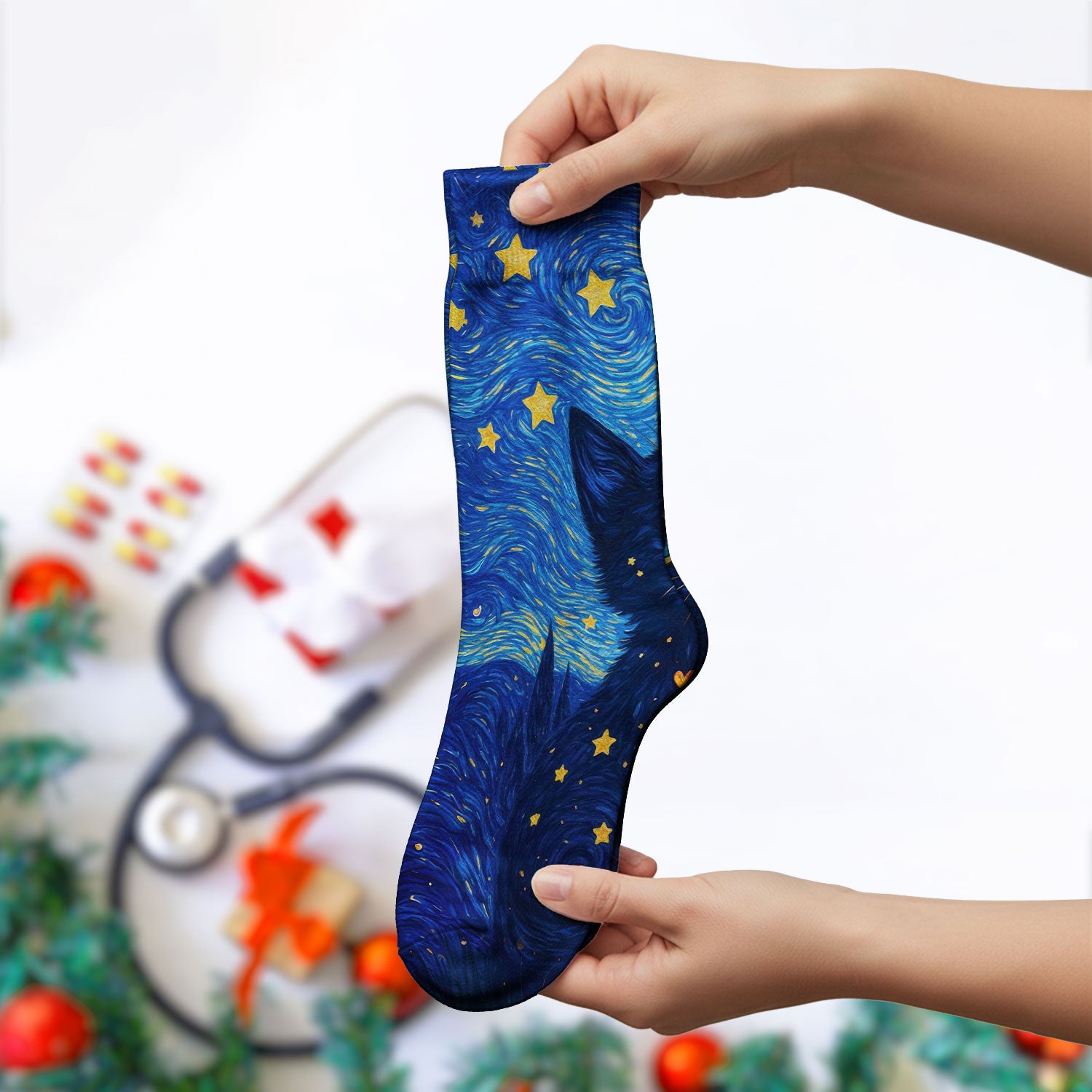 Black Cat Starry Night Pattern Print Socks, Adult Socks for Men and Women
