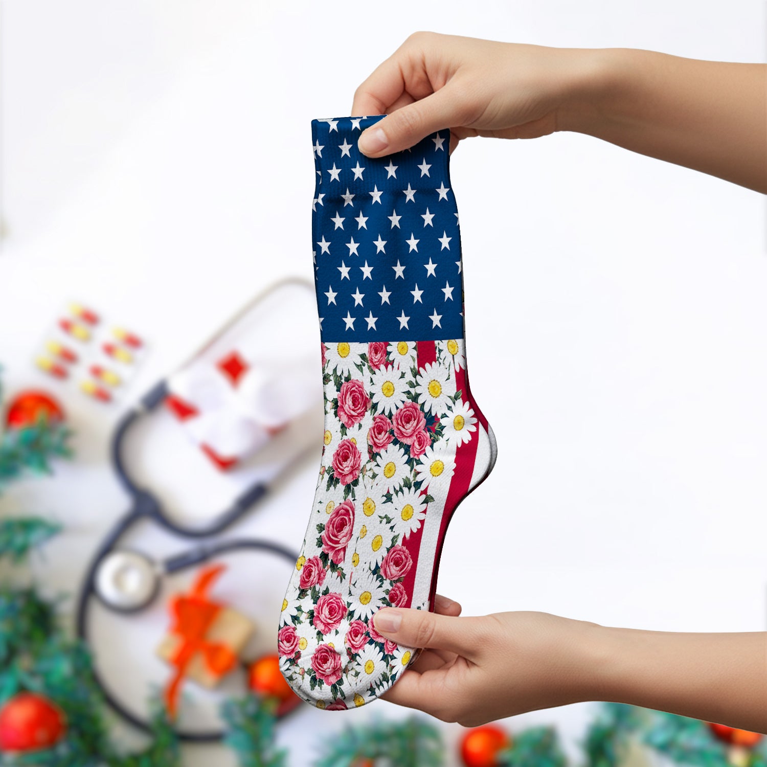Floral American Flag Nurse Scrub Top for RN, CNA, Healthcare Workers, Patriotic Uniform Socks, Adult Socks for Men and Women