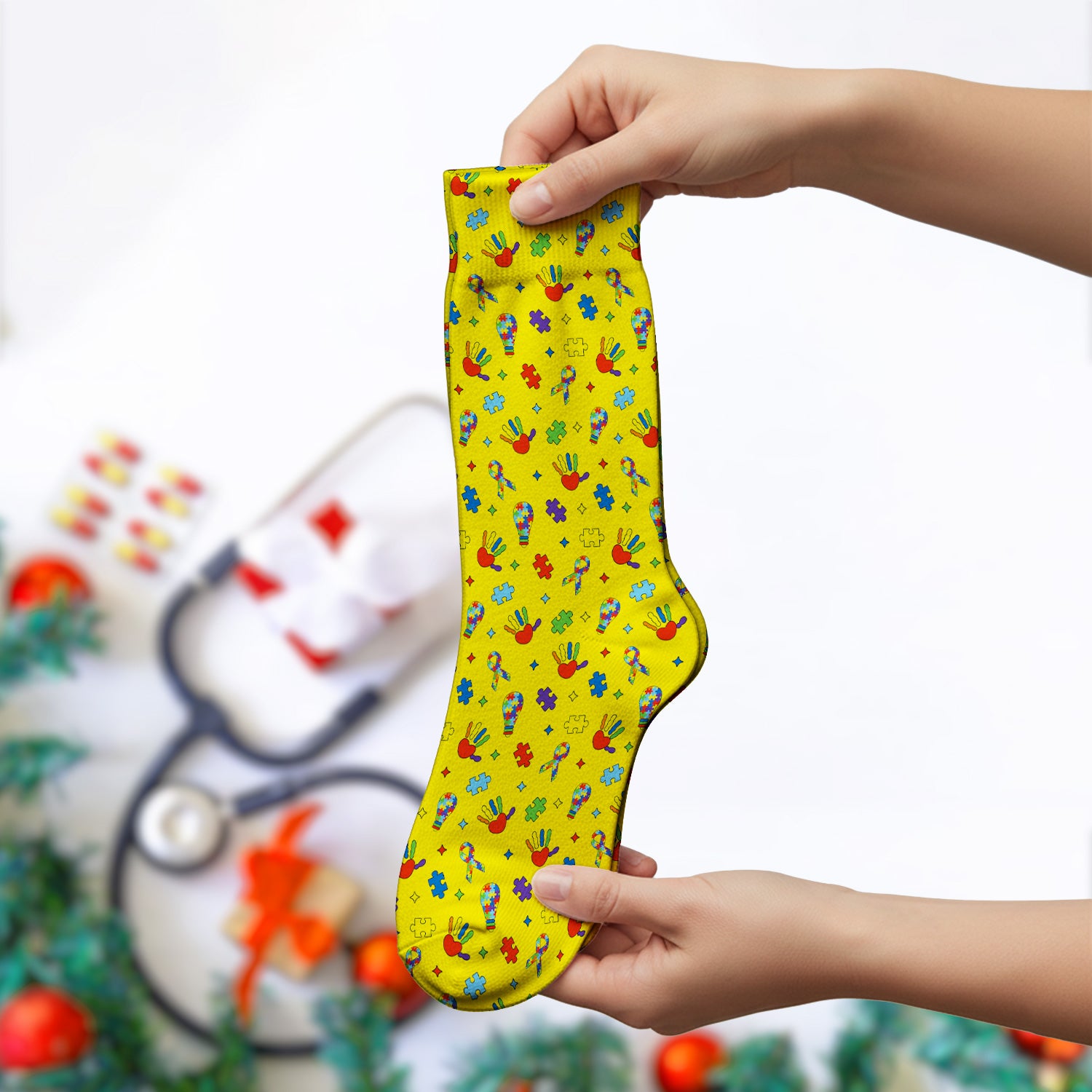 Autism Awareness Colorful Puzzle Pattern Socks, Socks for Nurse Doctor