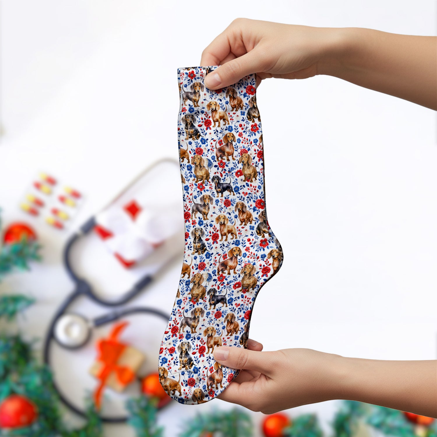 Floral Dachshund Nurse Pattern Socks, Adult Socks for Men and Women