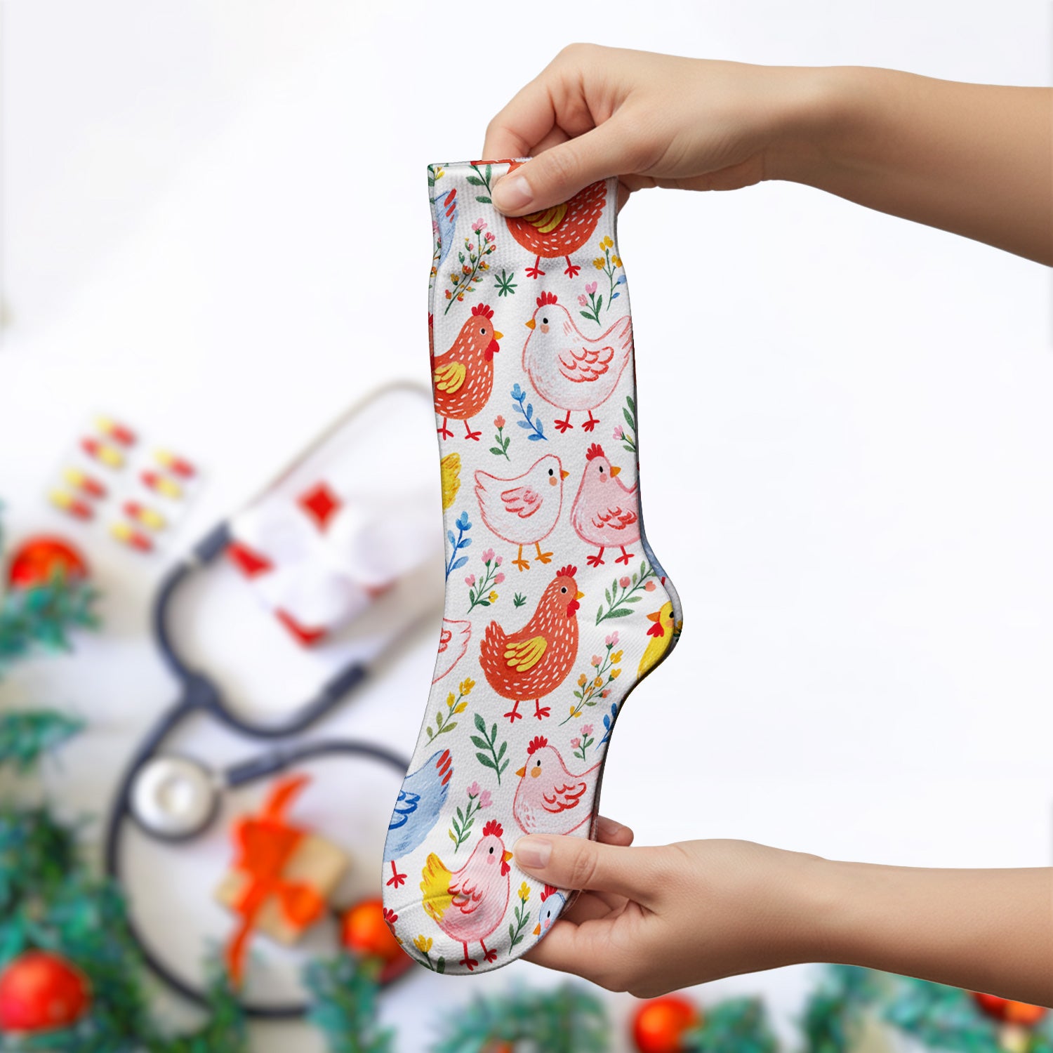 Fun Cartoon Hen Print Socks, Socks for Nurse Doctor