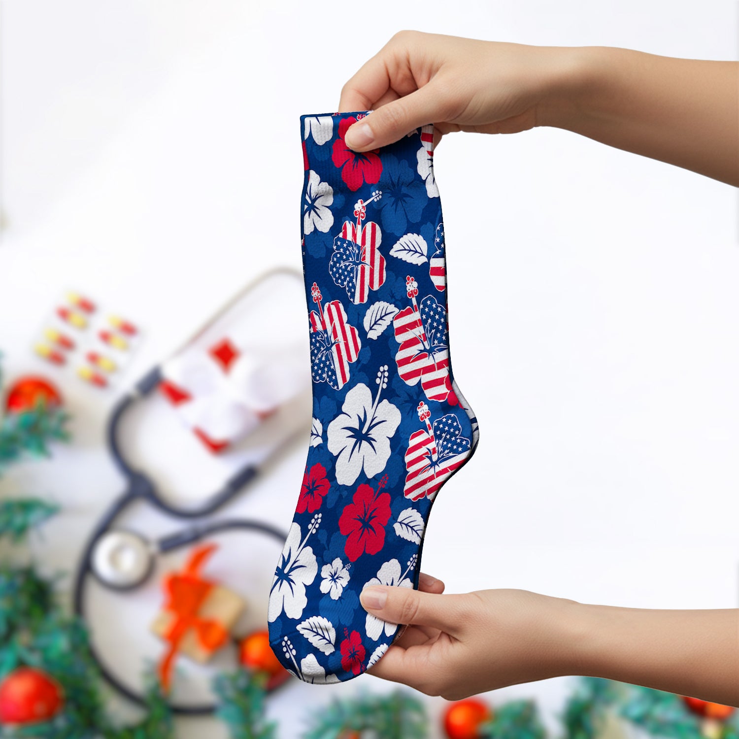 Patriotic Hibiscus Flag Floral Print Socks, Adult Socks for Men and Women