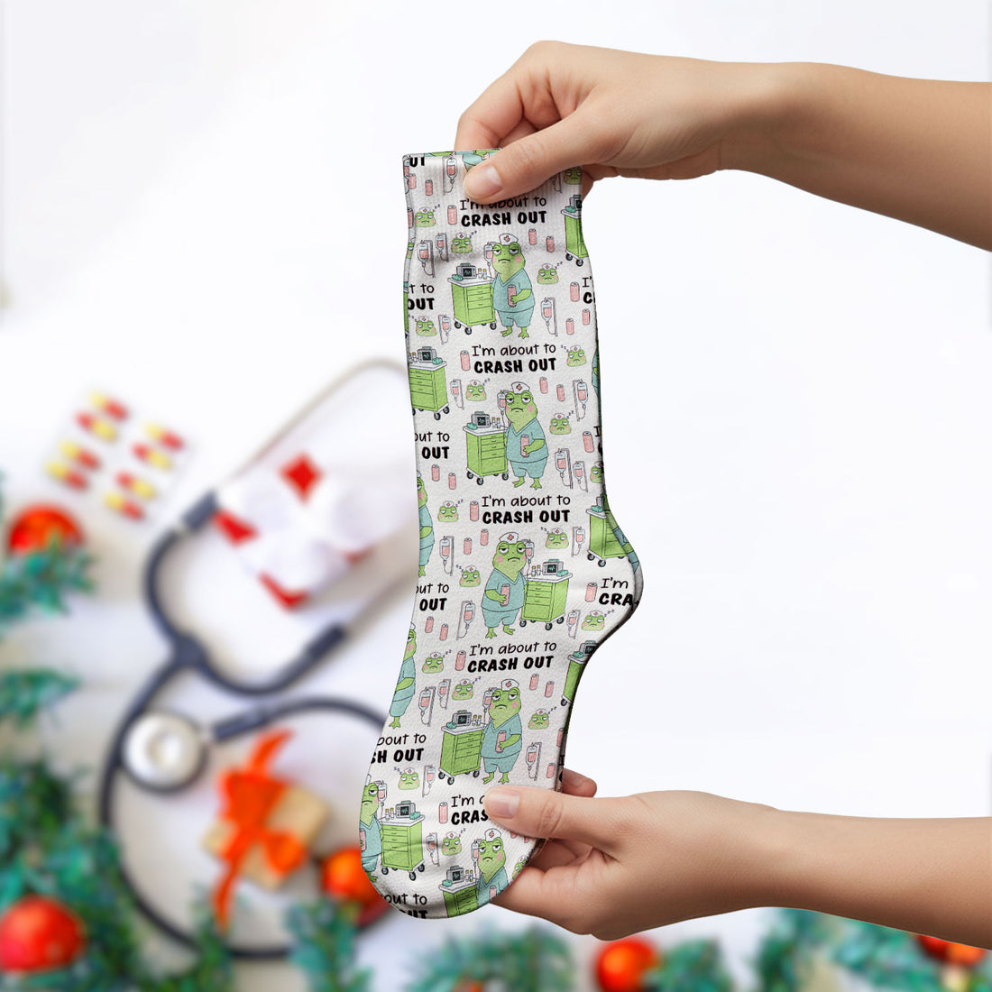 Funny Frog Pattern Nurse Scrub Socks, I’m About to Crash Out Nurse Sock, Breathable Fabrics Nursing Uniform