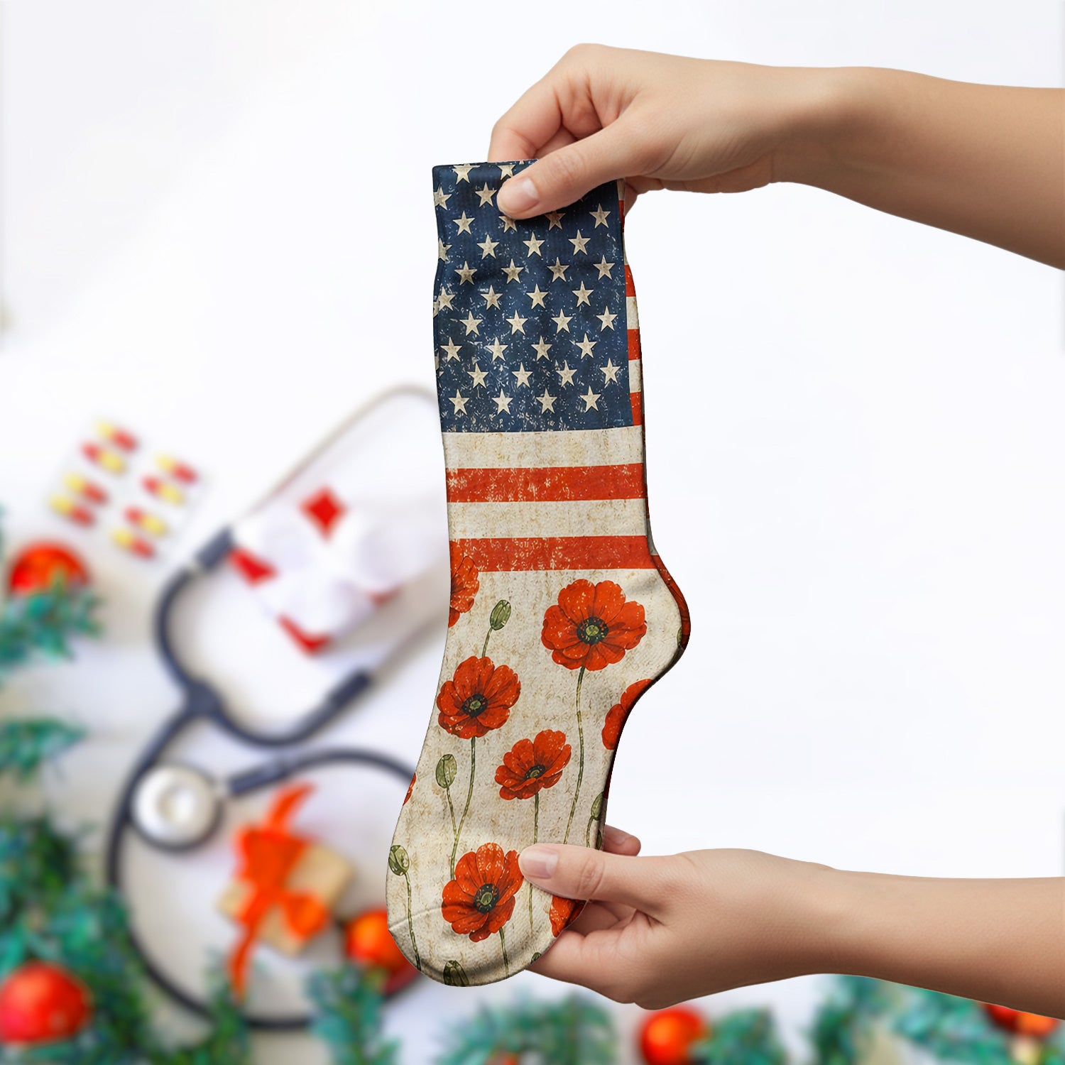 Patriotic American Flag Poppy Flower Pattern Socks, Adult Socks for Men and Women