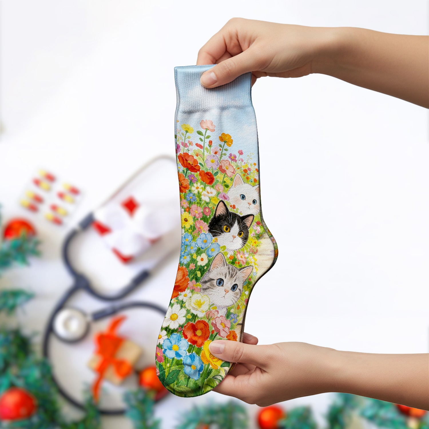 Cute Garden Cats Flower Path Pattern Socks, Adult Socks for Men and Women