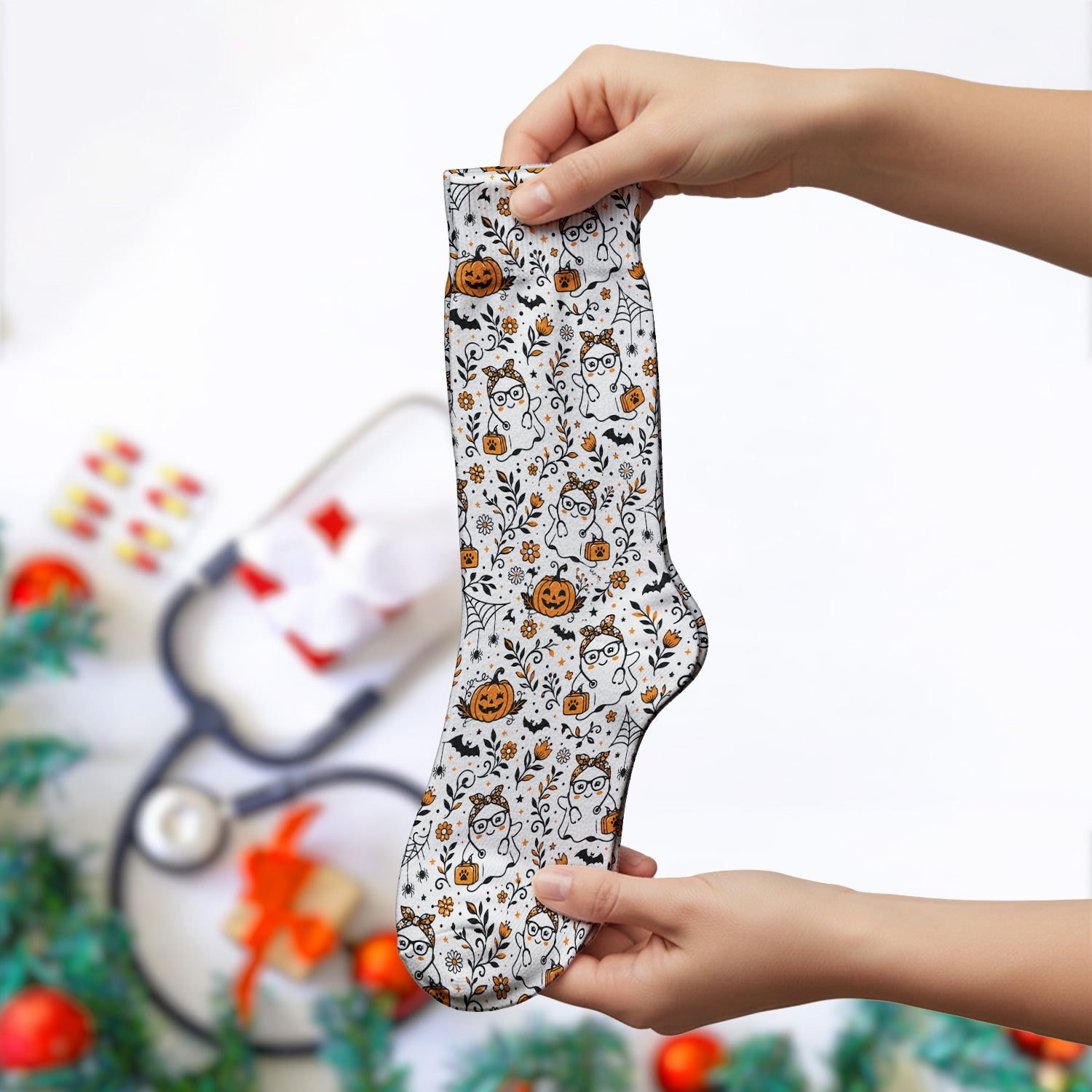 Cute Halloween Nurse Ghost And Pumpkins Socks, Adult Socks for Men and Women