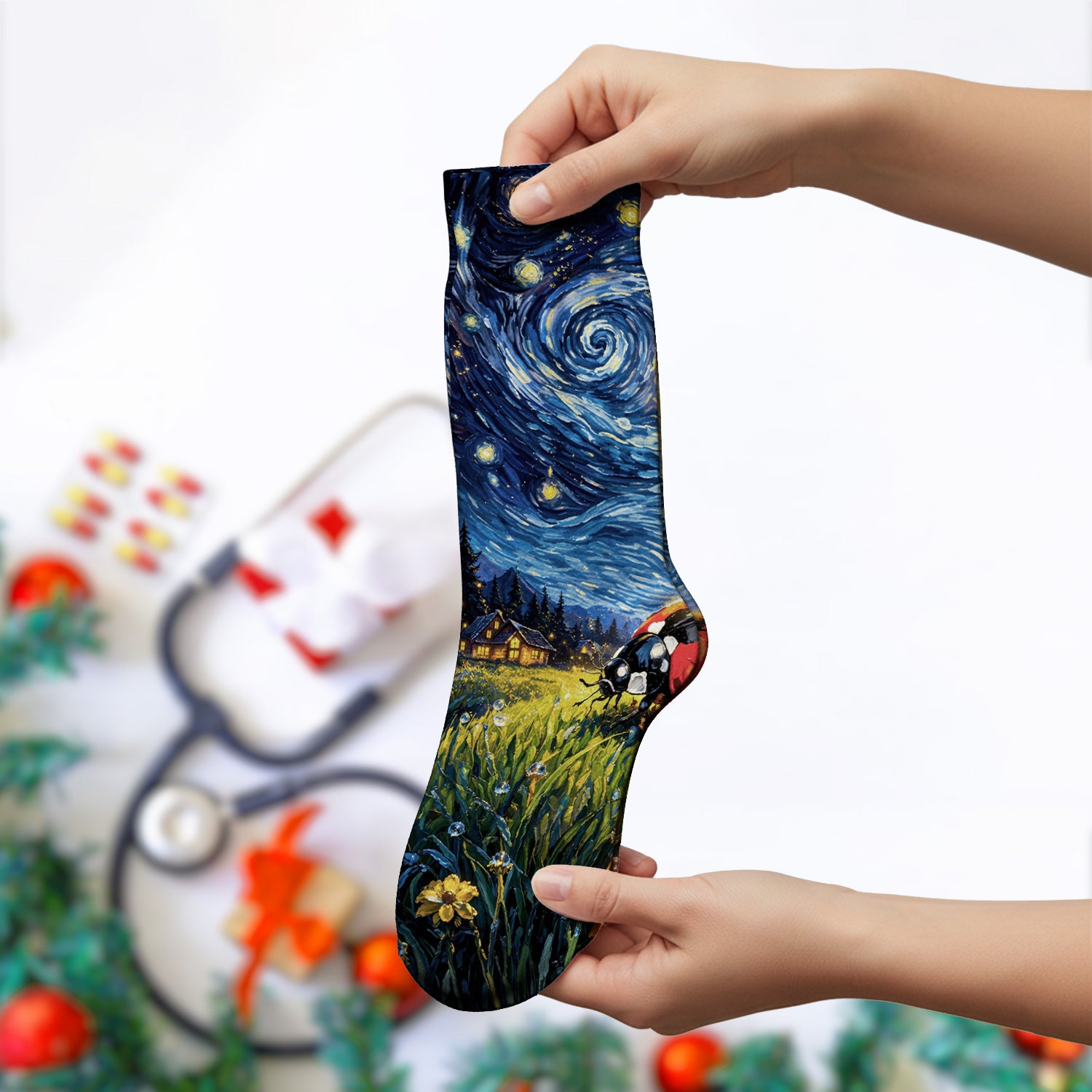 Swirl Night Sky Ladybug Landscape Art Print Socks, Breathable Fabrics Medical Uniform
