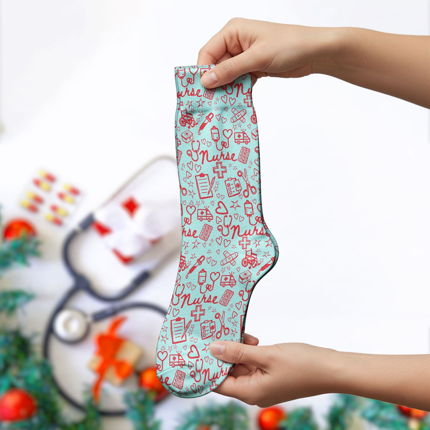 Cute Nurse Heart Medical Pattern Socks, Breathable Fabrics Medical Uniform