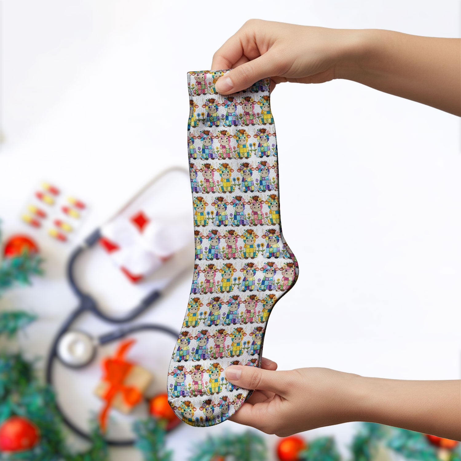 Cute Patchwork Cow With Flowers Pattern Socks, Socks for Nurse Doctor