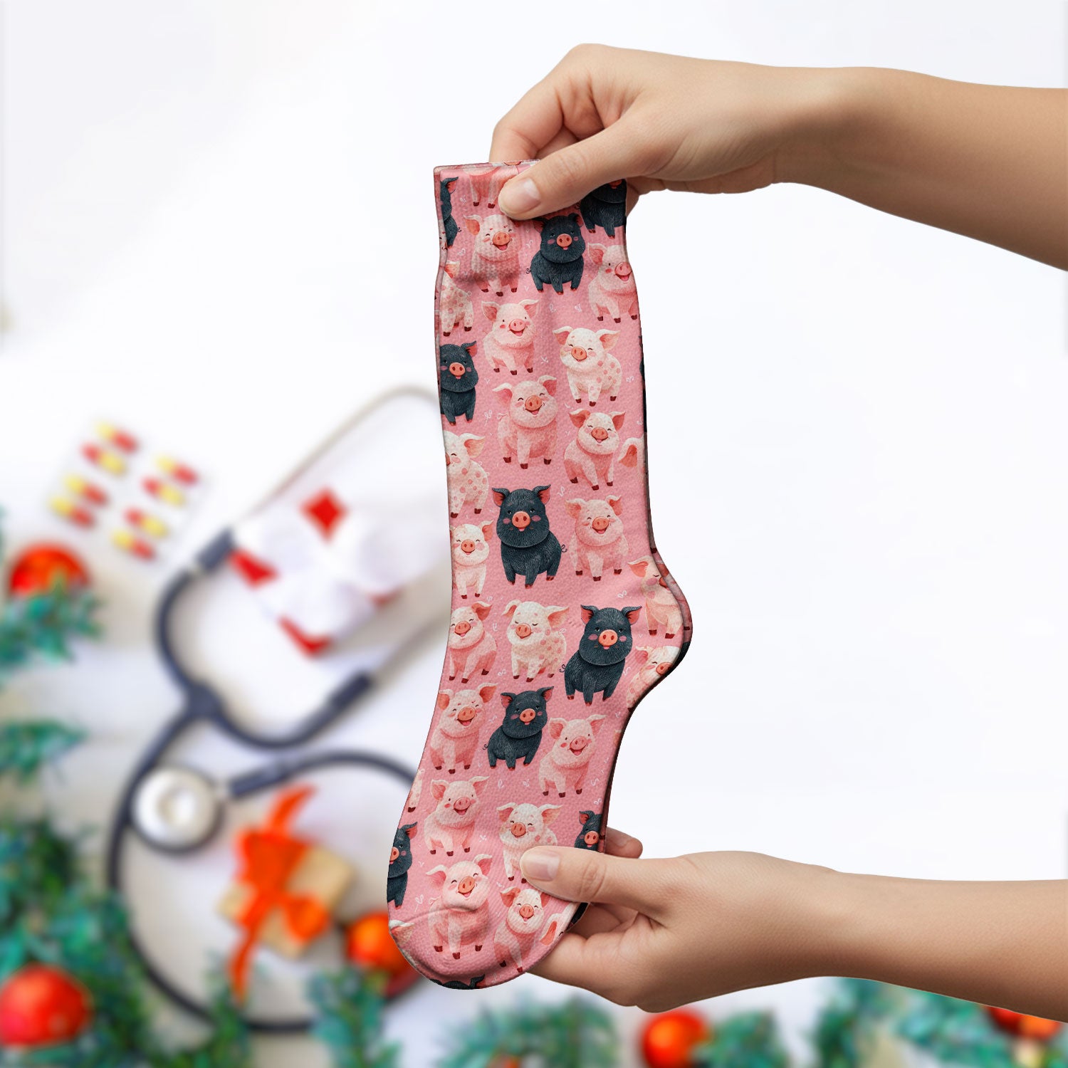 Funny Cartoon Pig Pattern Socks, Cute Nurse Socks