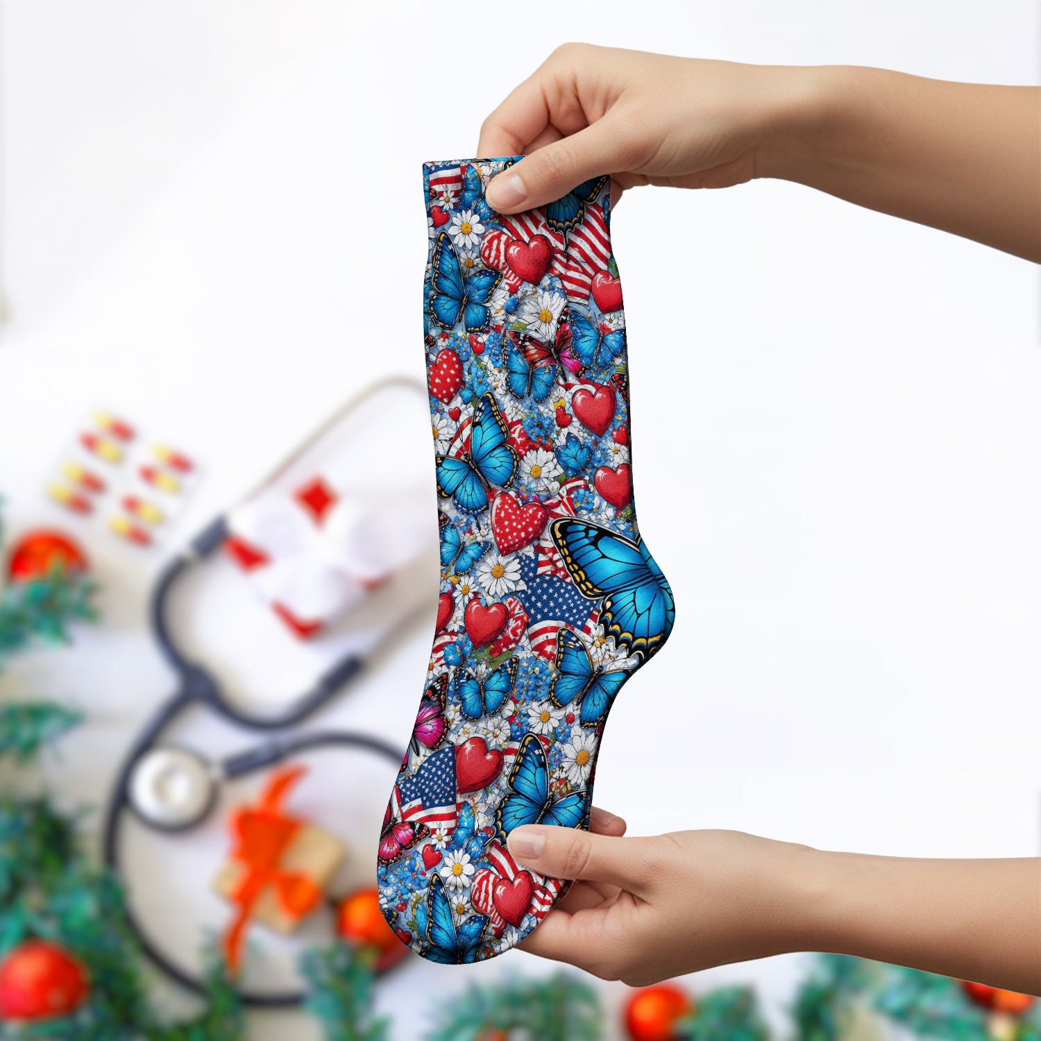 Festive Patriotic Butterfly Heart Floral Pattern Socks, Adult Socks for Men and Women