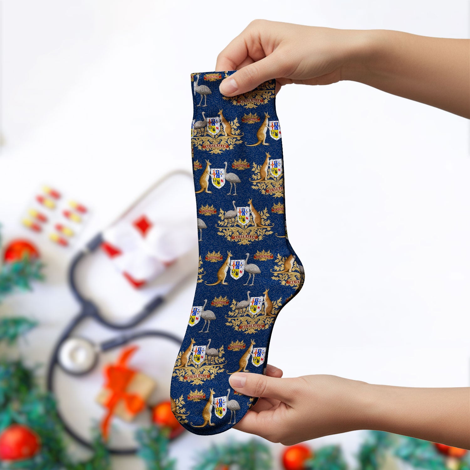 Australian Kangaroo Emu Crest Medical Socks, Breathable Fabrics Medical Uniform