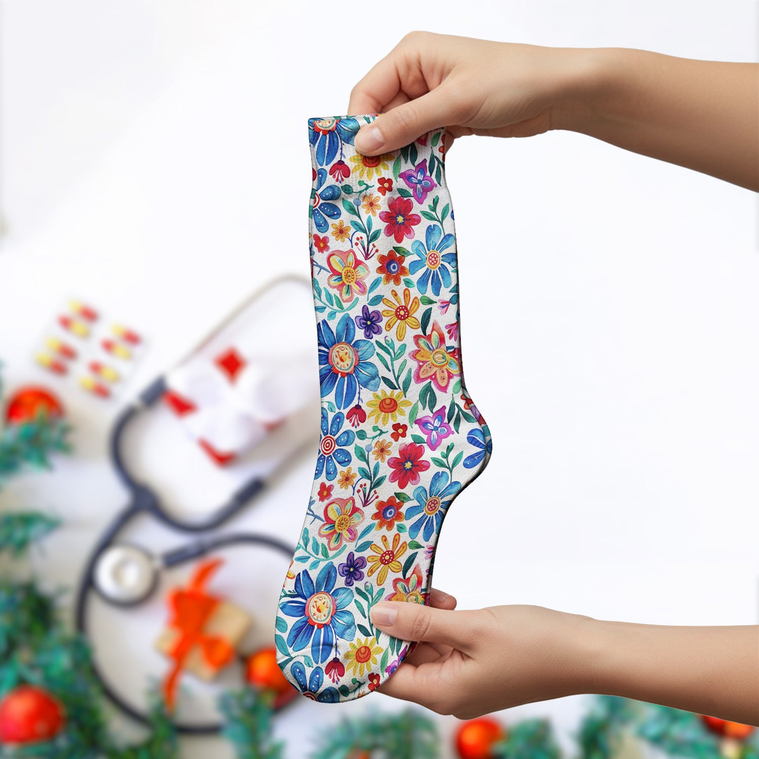 Colorful Folk Floral Print Socks, Adult Socks for Men and Women