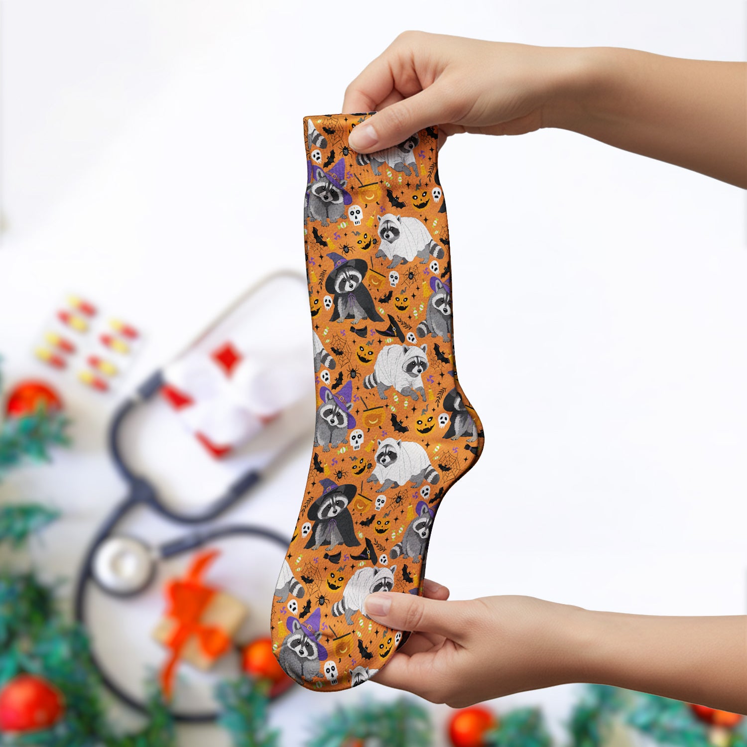Cute Halloween Raccoon Costumes Print Socks, Adult Socks for Men and Women