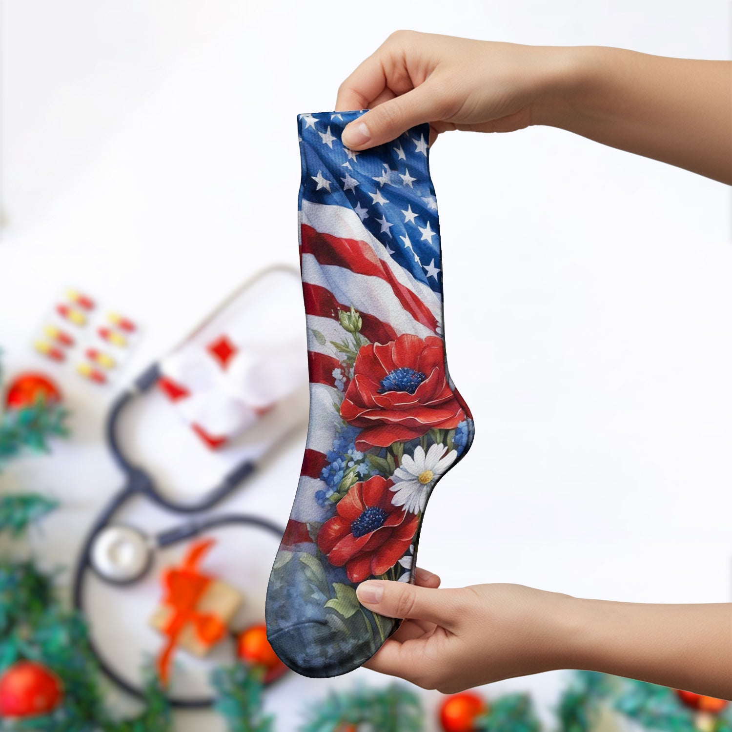 Festive US Flag Floral Bouquet Pattern Socks, Adult Socks for Men and Women