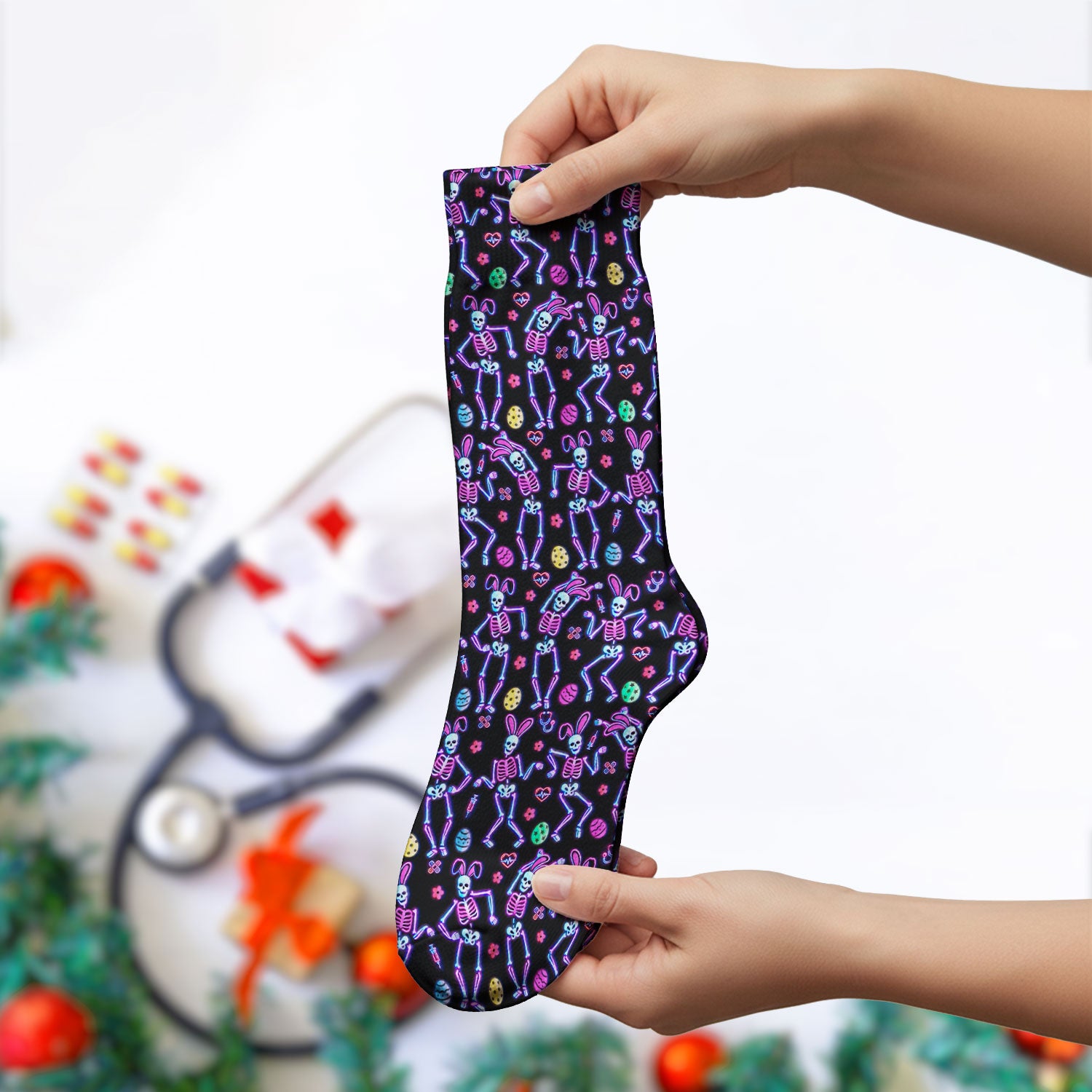 Neon Easter Skeleton Pattern Socks, Adult Socks for Men and Women