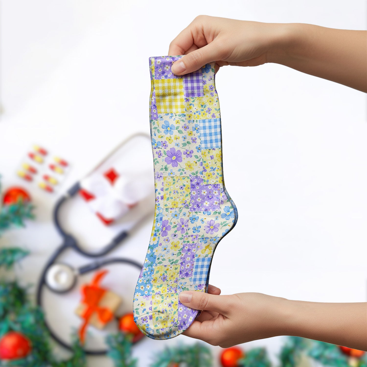 Cute Floral Patchwork Gingham Pattern Socks, Socks for Nurse Doctor