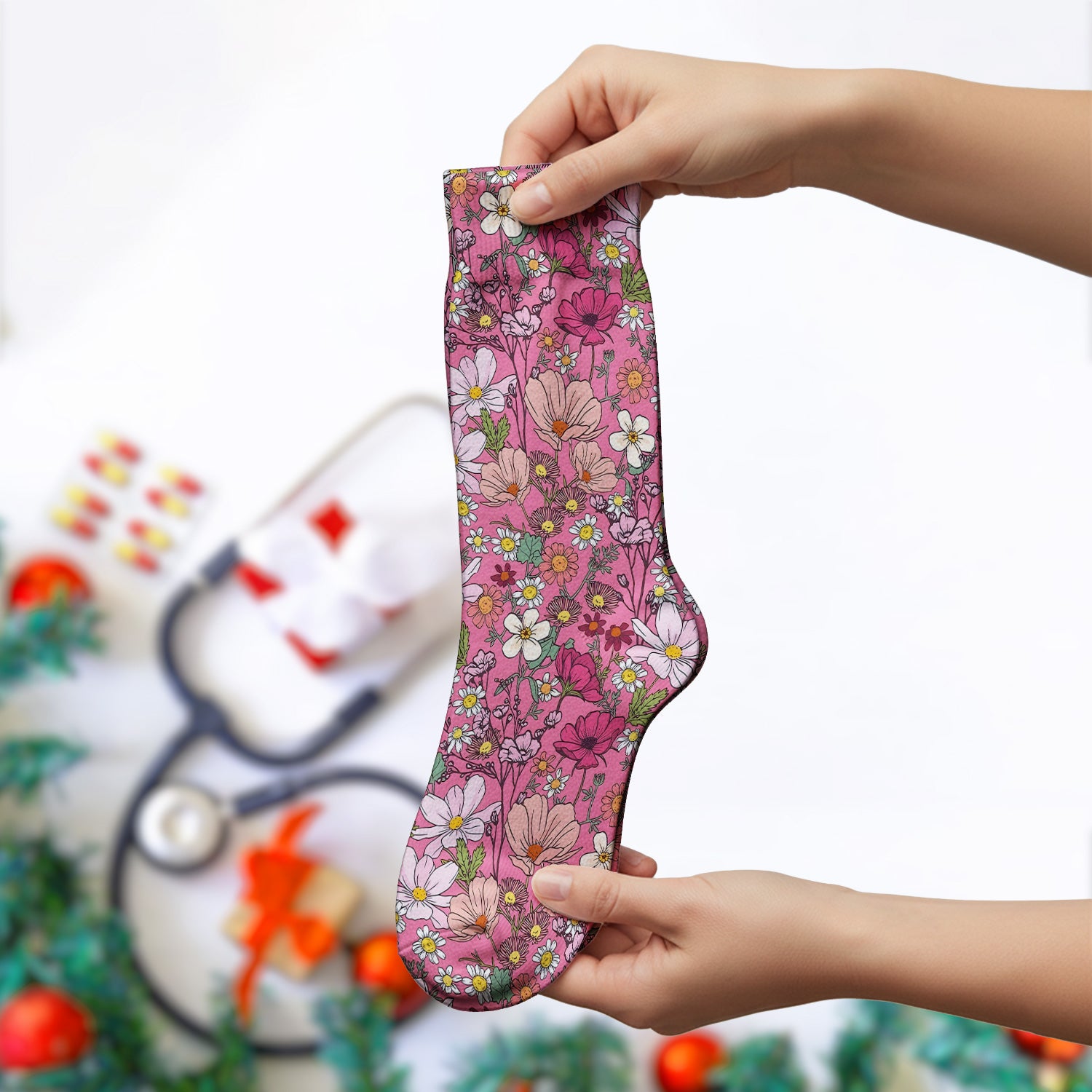 Pink Daisy Wildflower Nurse Pattern Socks, Adult Socks for Men and Women
