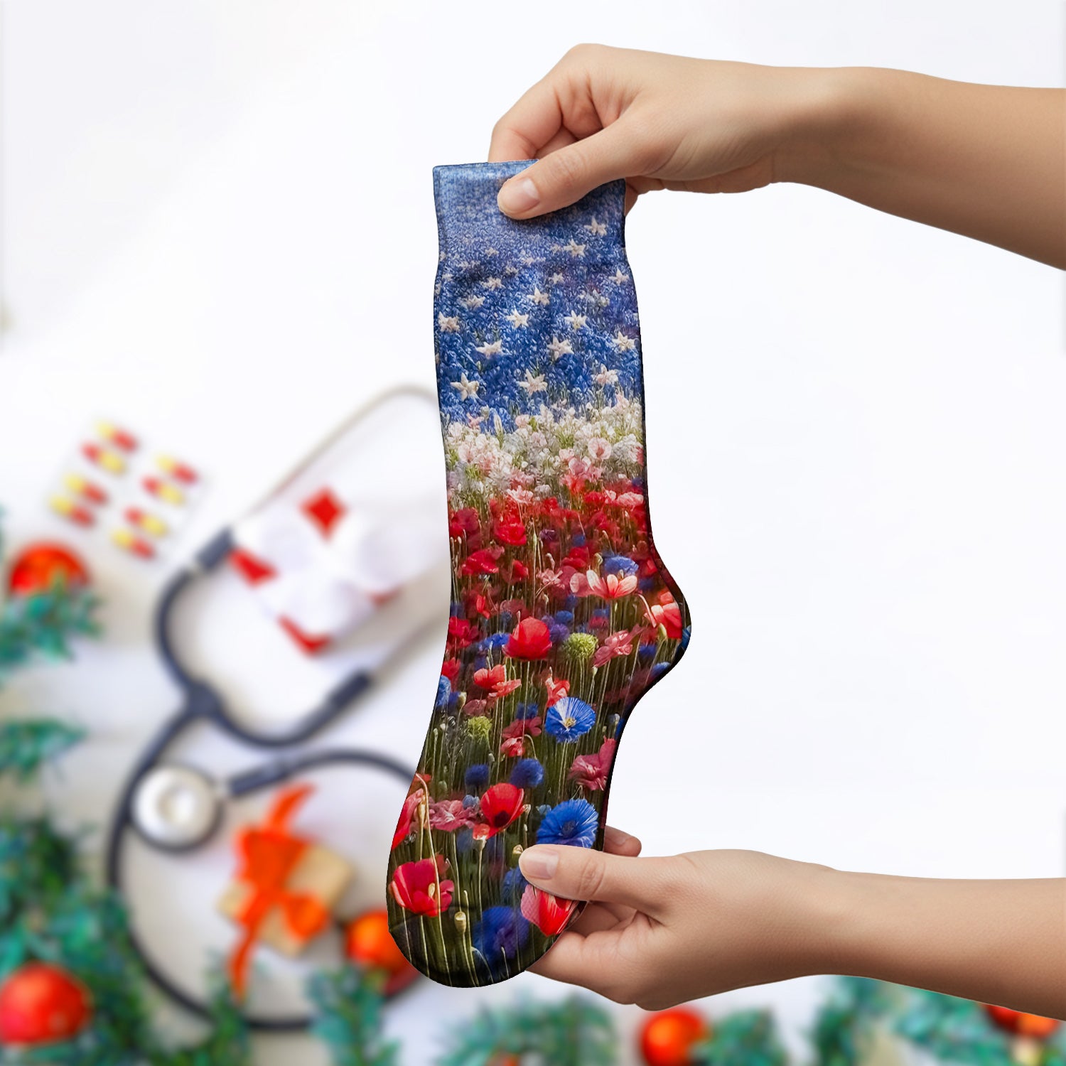 Festive Nurse American Flag Wildflower Field Socks, Adult Socks for Men and Women