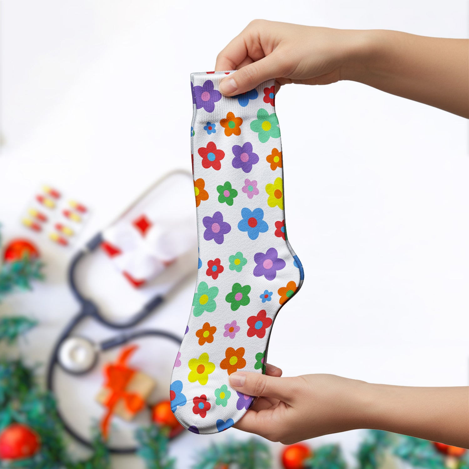 Colorful Retro Flower Pattern Print Socks, Breathable Fabrics Medical Uniform