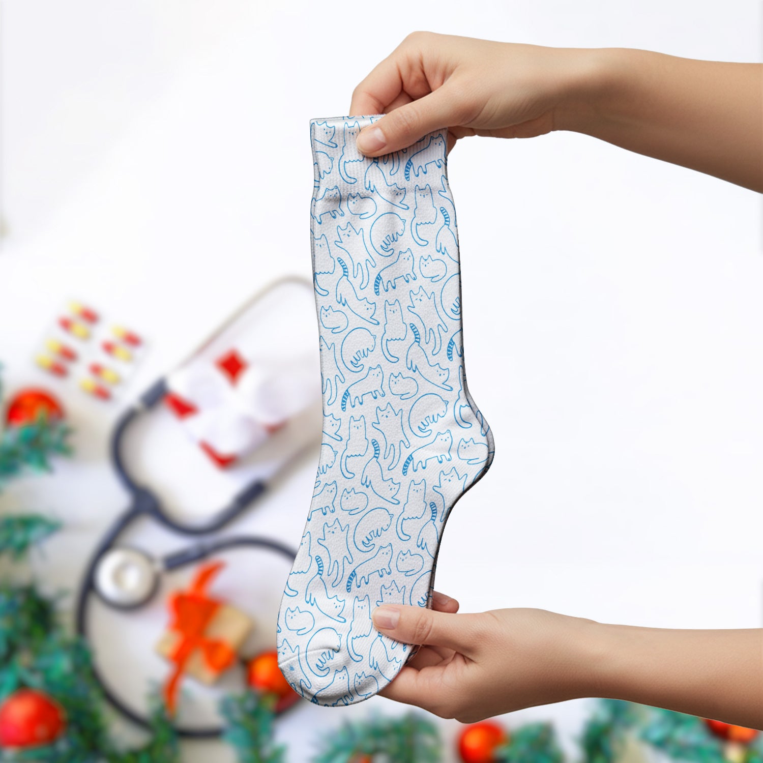 Artistic Cat Pattern Medical Scrub Socks, Breathable Fabrics Nursing Uniform
