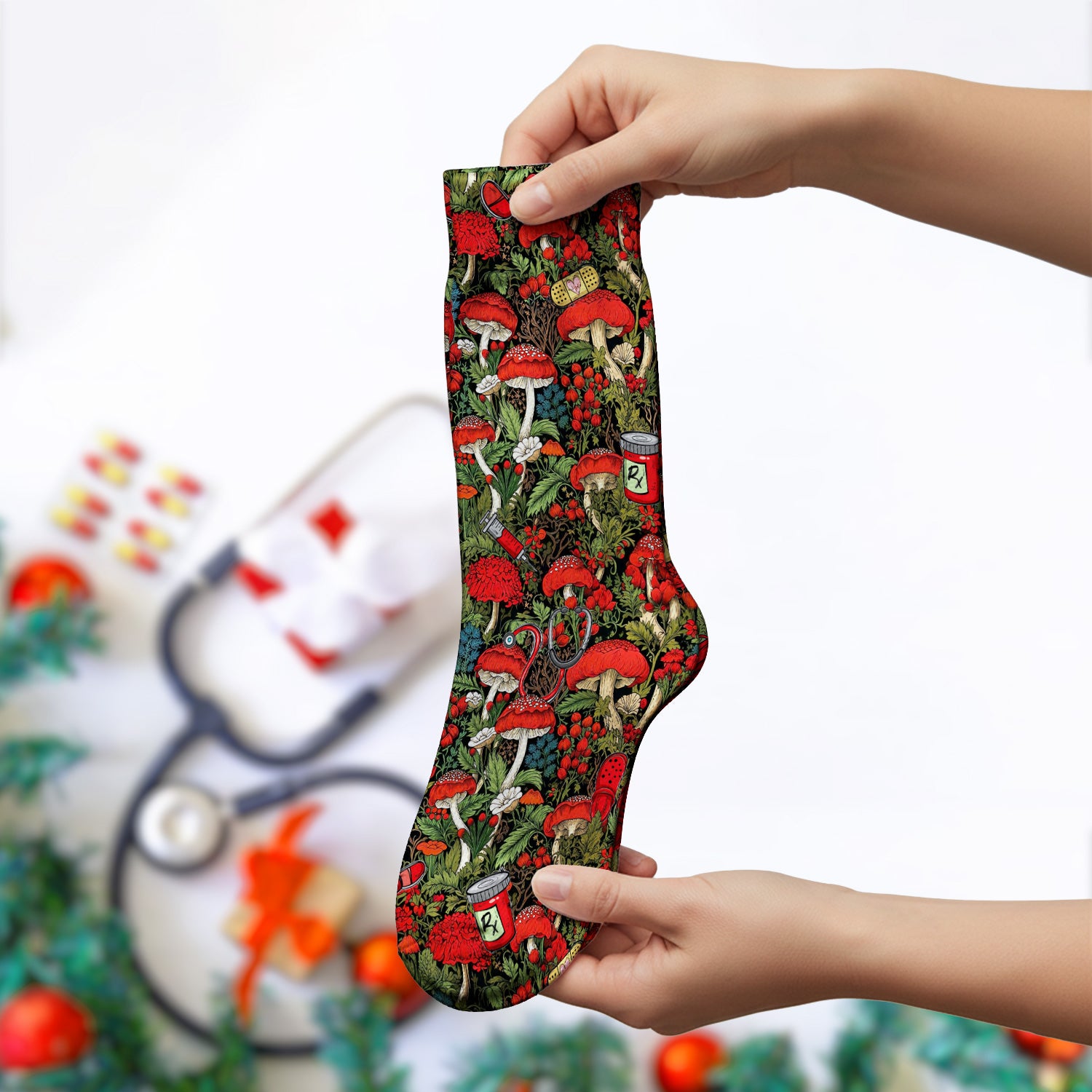 Red Mushroom Medical Forest Pattern Socks, Adult Socks for Men and Women