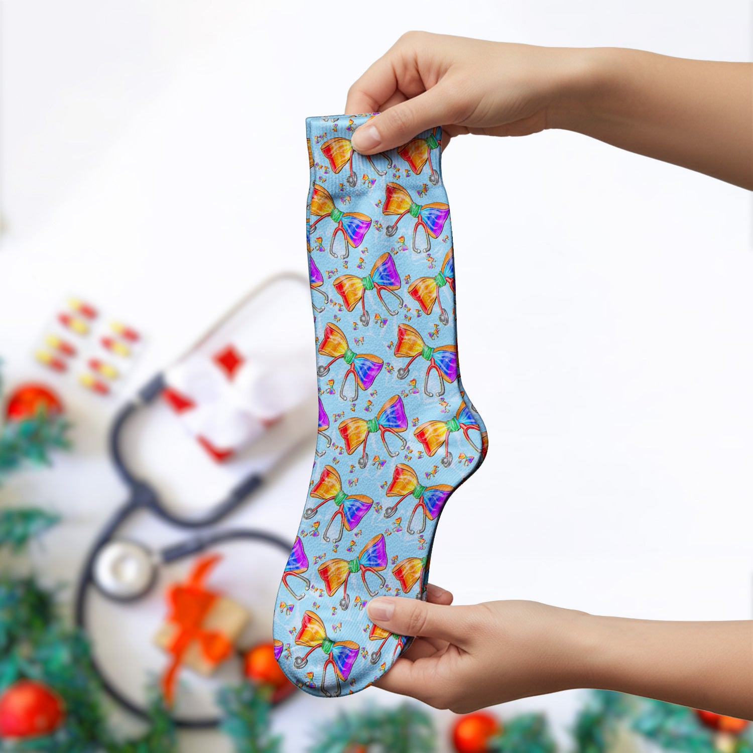 Colorful Rainbow Bow Stethoscope Pattern Socks, Breathable Fabrics Medical Uniform