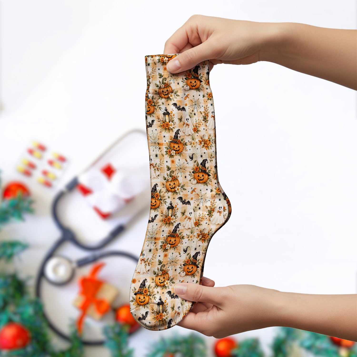 Vintage Halloween Pumpkin And Ghost Socks, Adult Socks for Men and Women