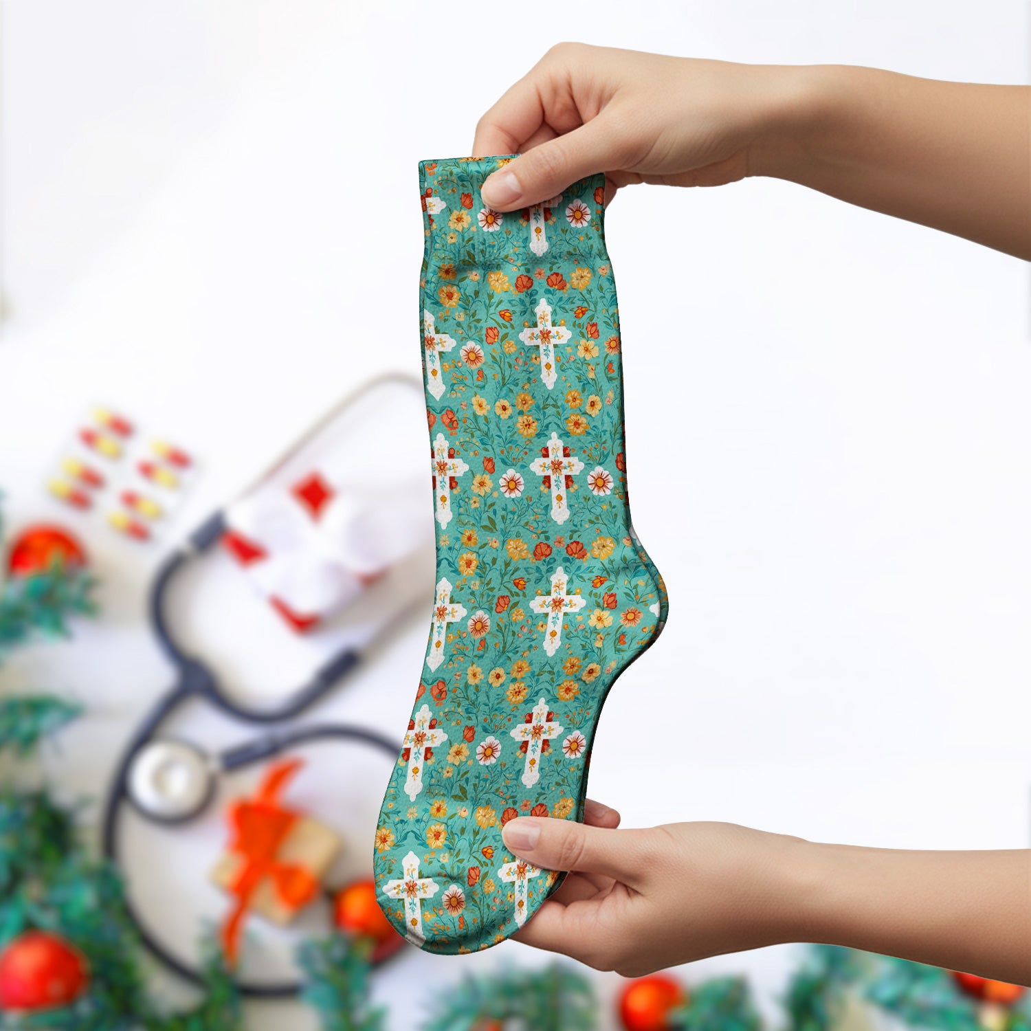 Christian Faith Floral Cross Pattern Socks, Adult Socks for Men and Women