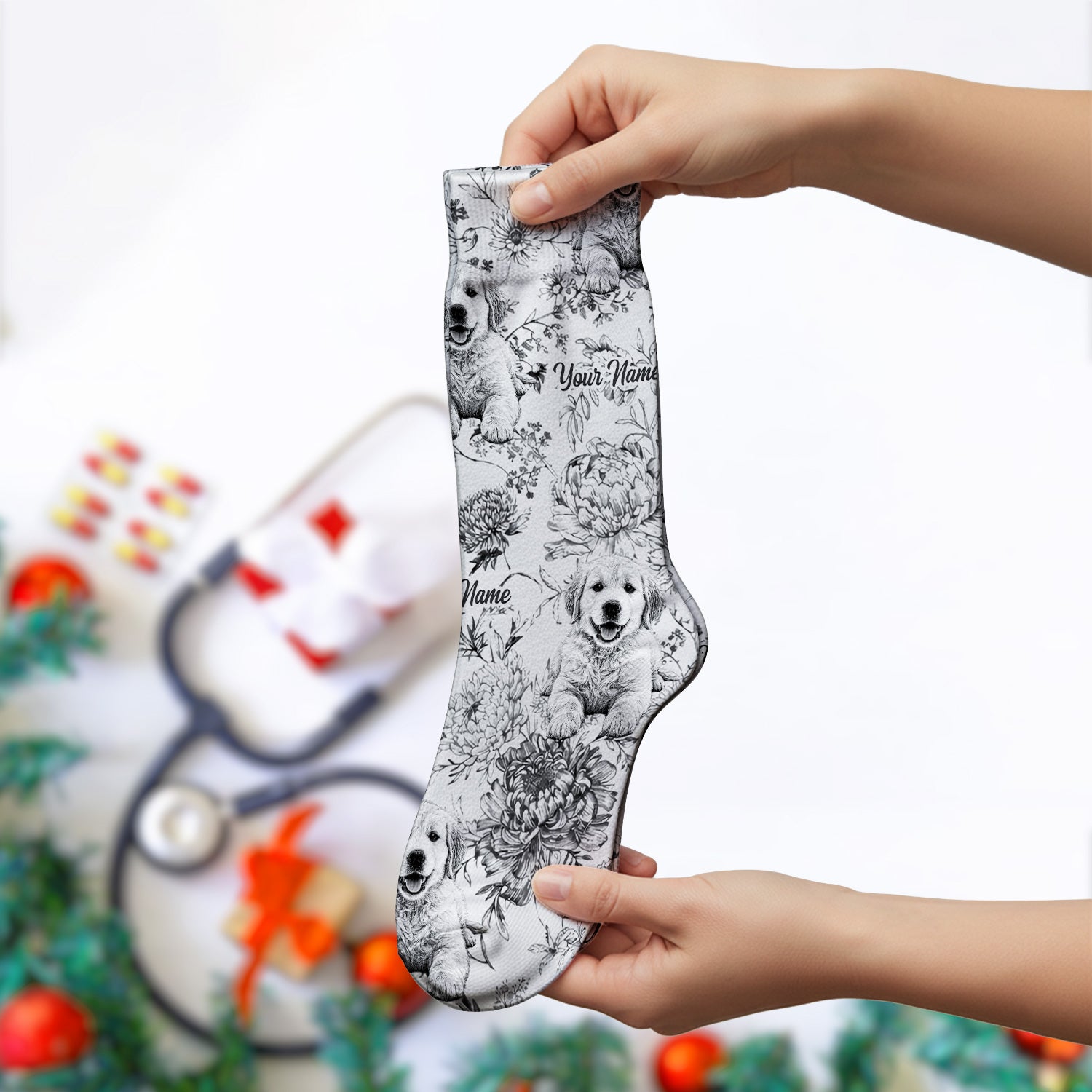 Personalized Custom Pet Photo Name Floral Pattern Socks, Adult Socks for Men and Women