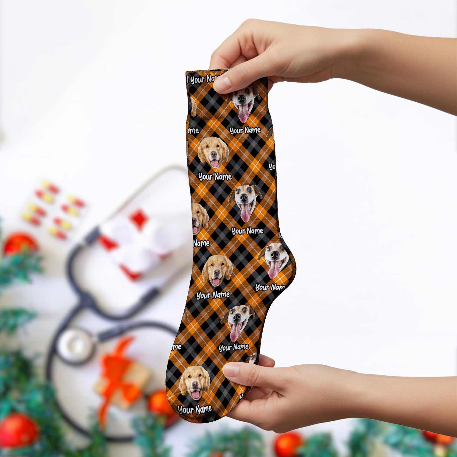 Personalized Halloween Dog Photo Plaid Socks, Adult Socks for Men and Women