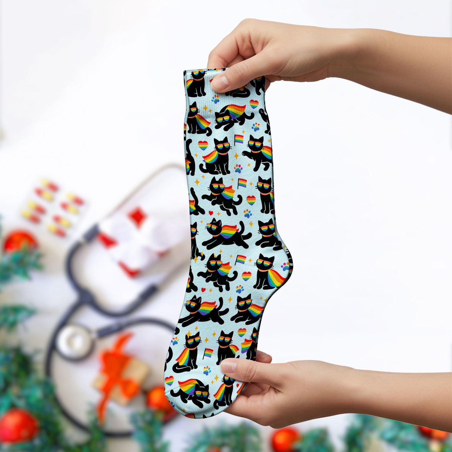 Rainbow Black Cat Pride Pattern Socks, Breathable Fabrics Medical Uniform