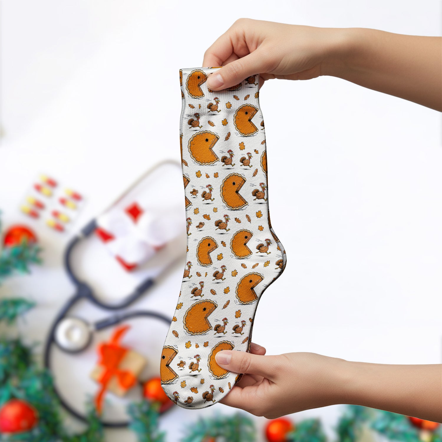 Thanksgiving Pie Chasing Turkey Socks, Adult Socks for Men and Women