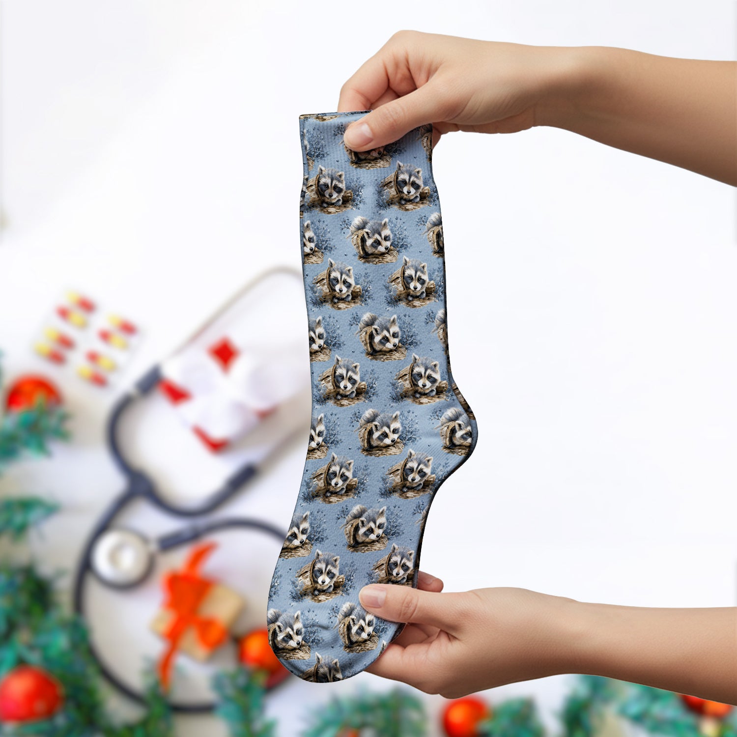 Cute Raccoon In Log Pattern Socks, Adult Socks for Men and Women