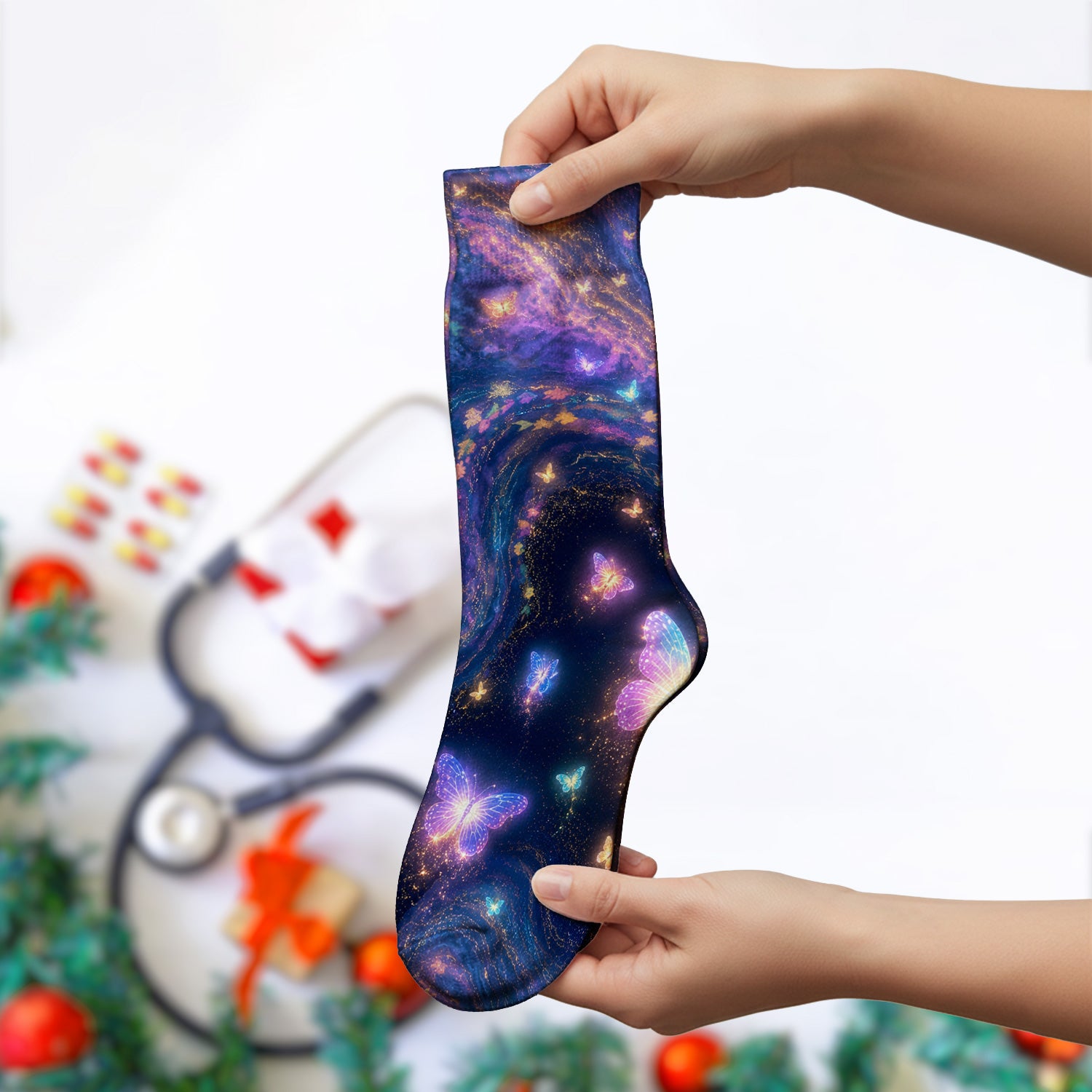 Neon Butterfly Galaxy Marble Print Socks, Adult Socks for Men and Women