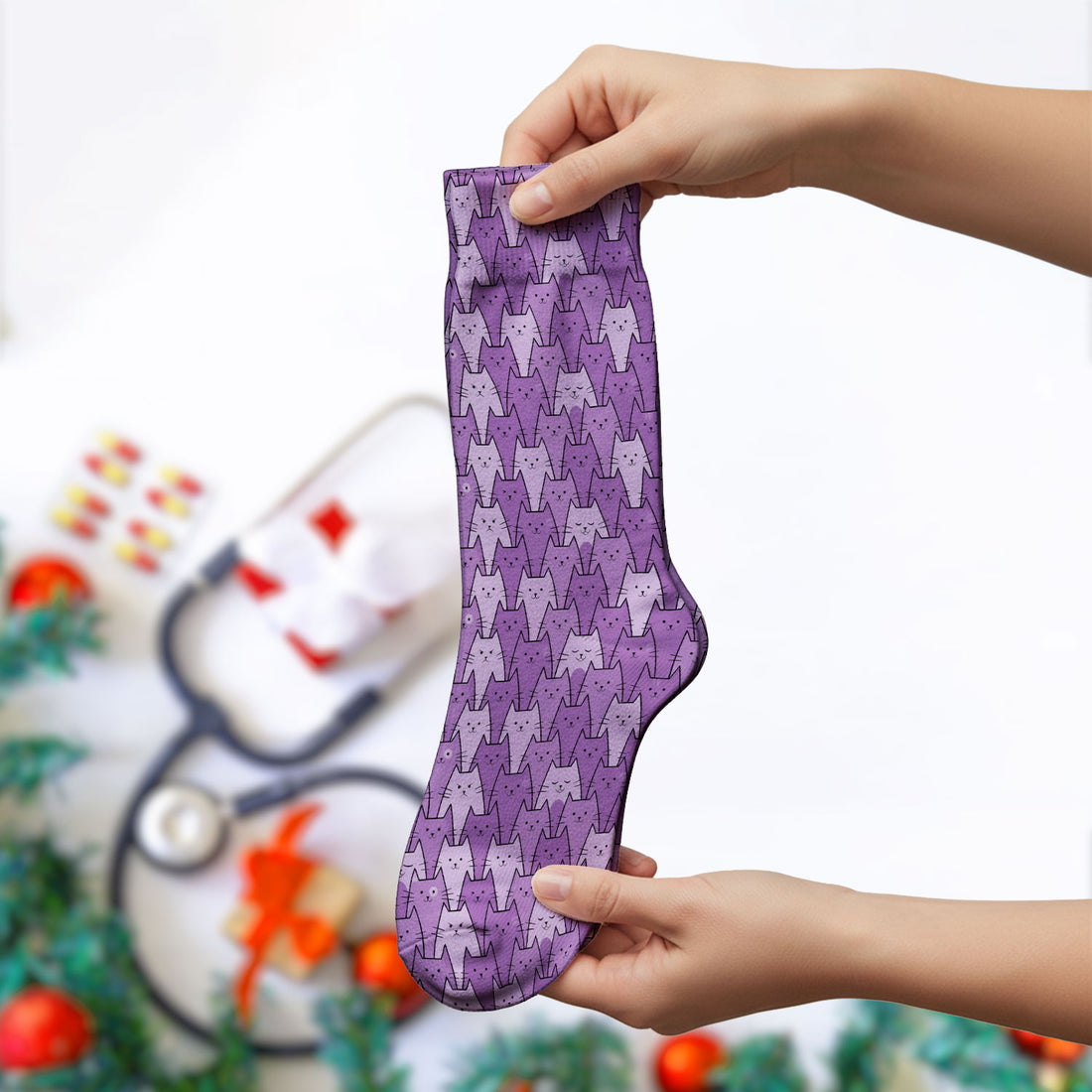 Cute Purple Cats Pattern Socks, Adult Socks for Men and Women
